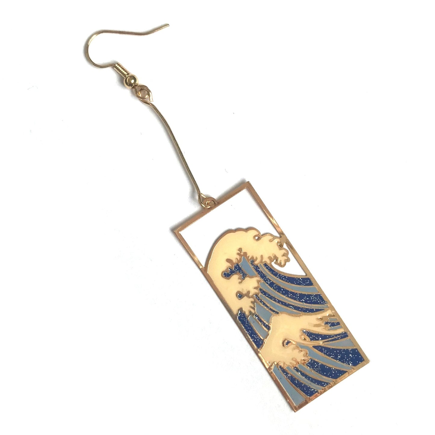 Gold Wave Design Rectangle Drop Earrings - Fish Hook Closure,High Polished,Hanging Jewellery,Accessories,Wave Earrings,Wave Jewlellery,Beach