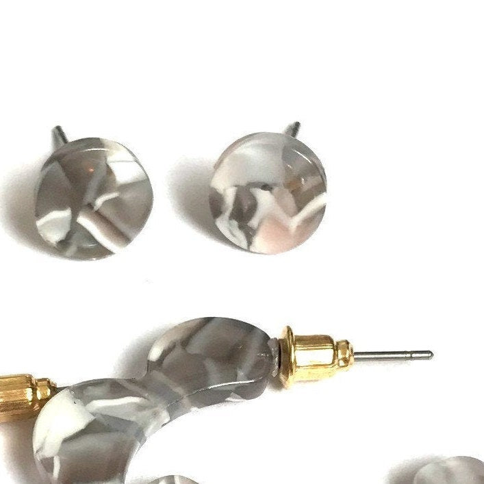 Matching Set Grey & White Hoop Earrings and Studs - Lightweight, Resin, Everyday, Grey Earrings, Hoop Earrings,Stud Earrings,Jewellery Set
