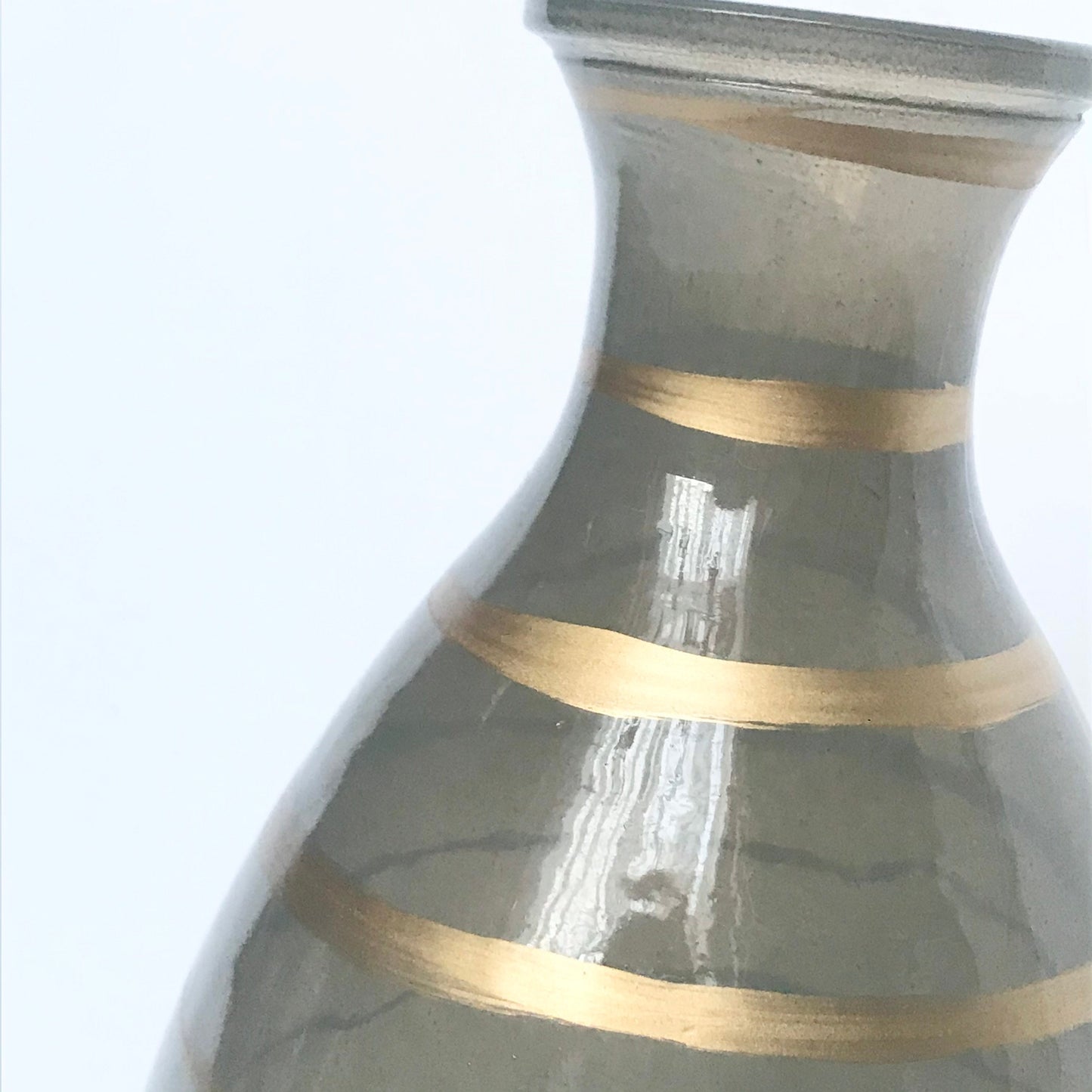 Green Glass Vase With Gold Stripes - Decorative Bottle, Art Deco Style, Gift, Glassware, Flower Arranging, Homeware, Flowers, geometric