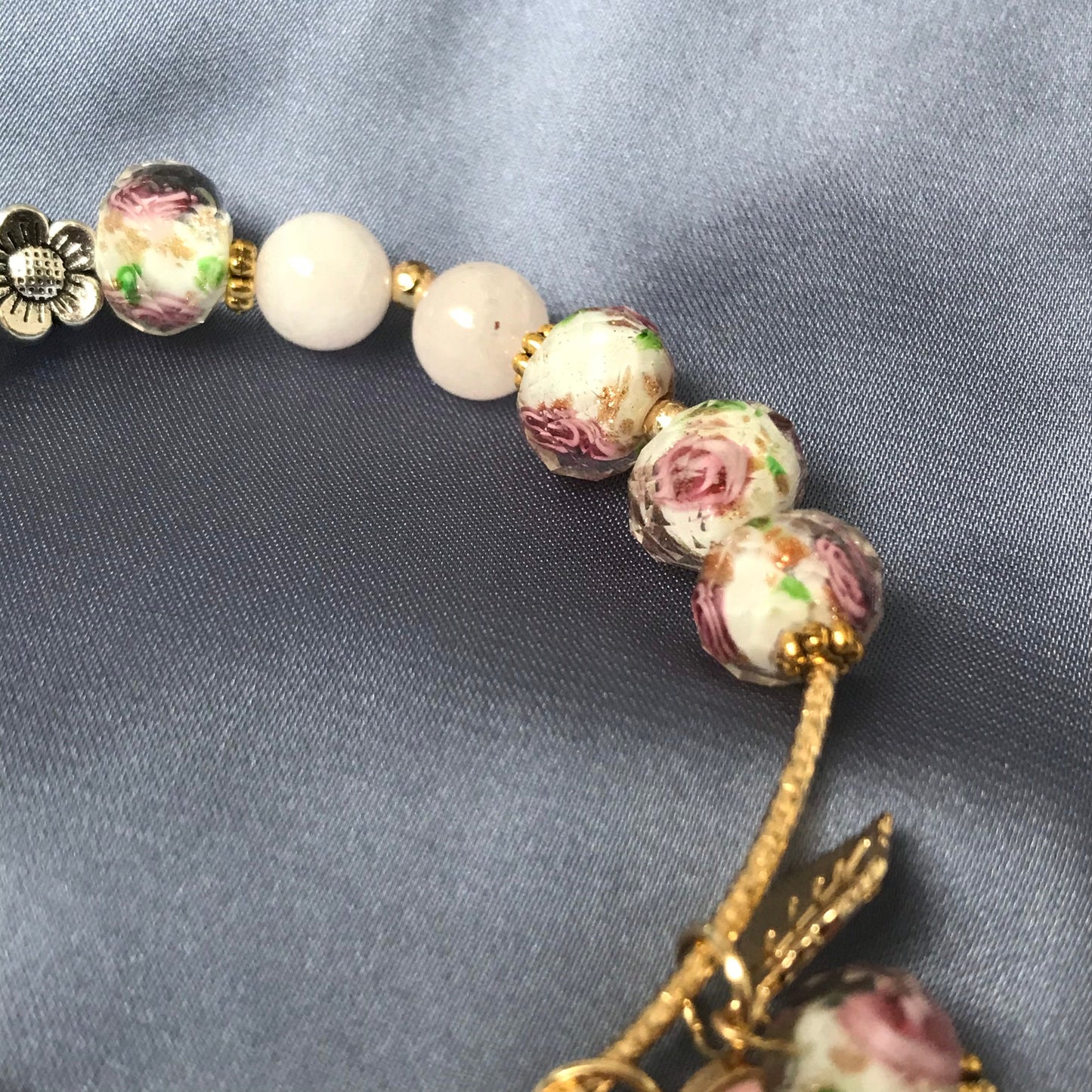 Pink Floral Bead Charm Bracelet - Bead Jewellery, Pink Accessories, Charm Bracelet,Bead Bracelet,Classy Bracelet,Cute Bracelet,Pink Jewelley