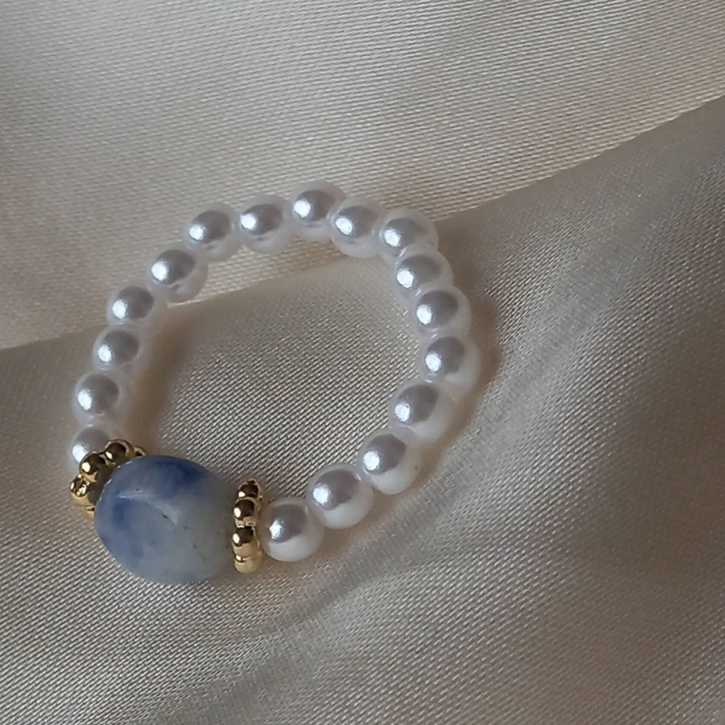 White Faux Pearl & Blue Stone Ring - Pearl Jewellery, Accessories, Pearl Ring,Bead Ring,Classy Ring,Cute Ring,Stone Jewelley,Adjustable Ring
