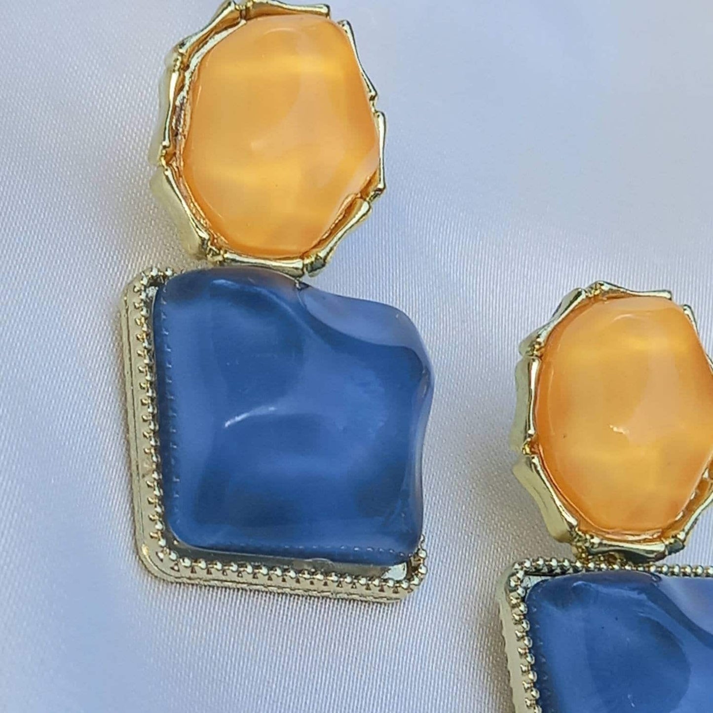 Blue and Orange Resin Drop Earrings - Hanging Jewellery,Orange Earrings,Blue Earrings,Gold Earrings,Resin Earrings,Chunky Earrings
