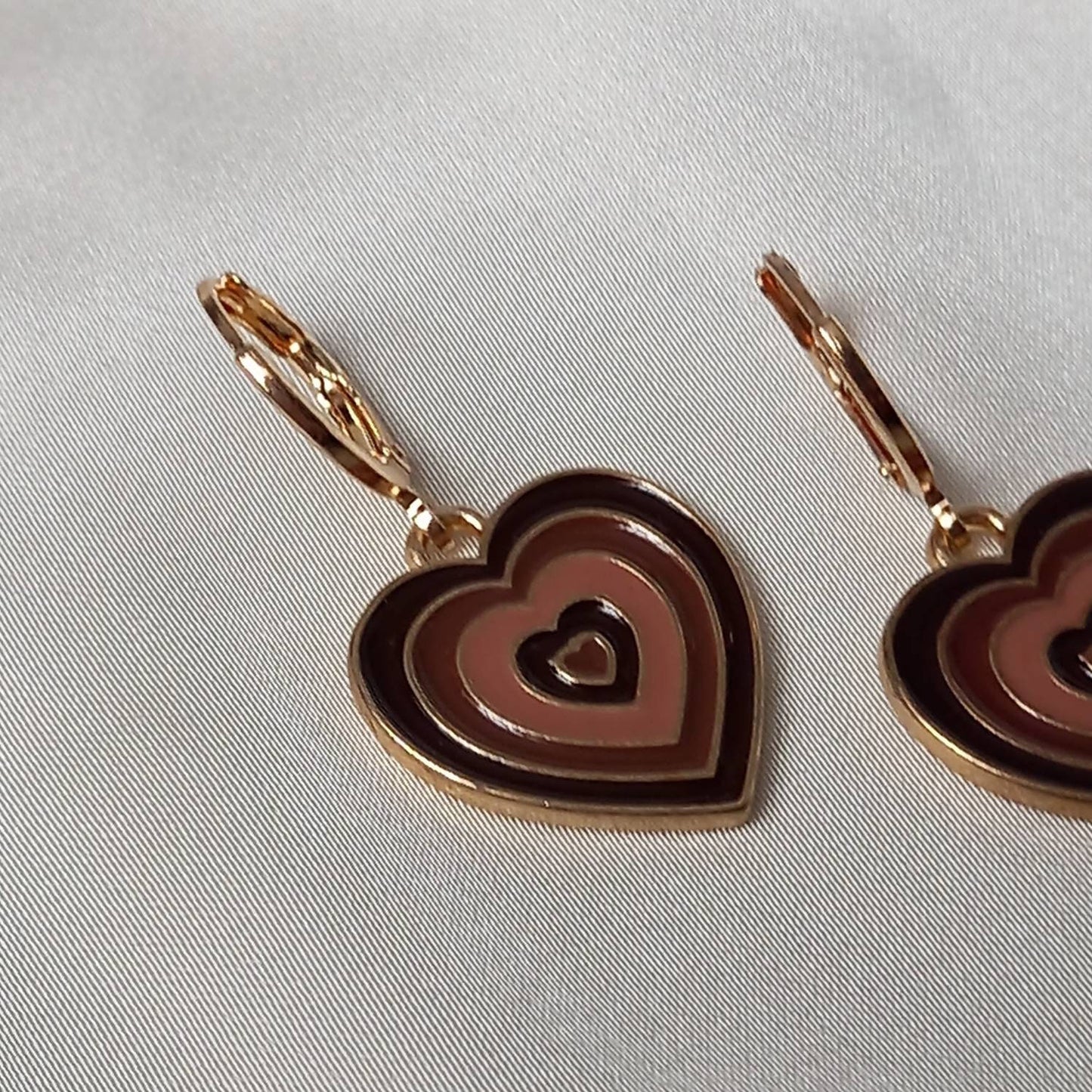 Brown & Gold Retro Heart Drop Earrings - 70's Style Earrings, Vintage Style, Hanging Jewellery,Accessories,Brown Jewellery,Gold Earrings