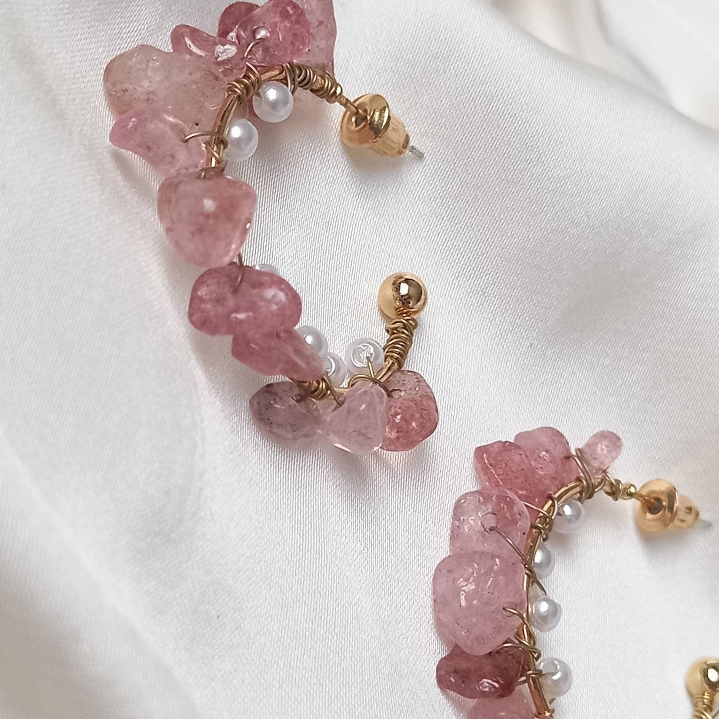 Pink Stone & Pearl Hoop Earrings - Pearl Earrings, Classic Earrings, Bead Earrings, Pink Earrings, Earrings In The UK, Jewellery In The UK