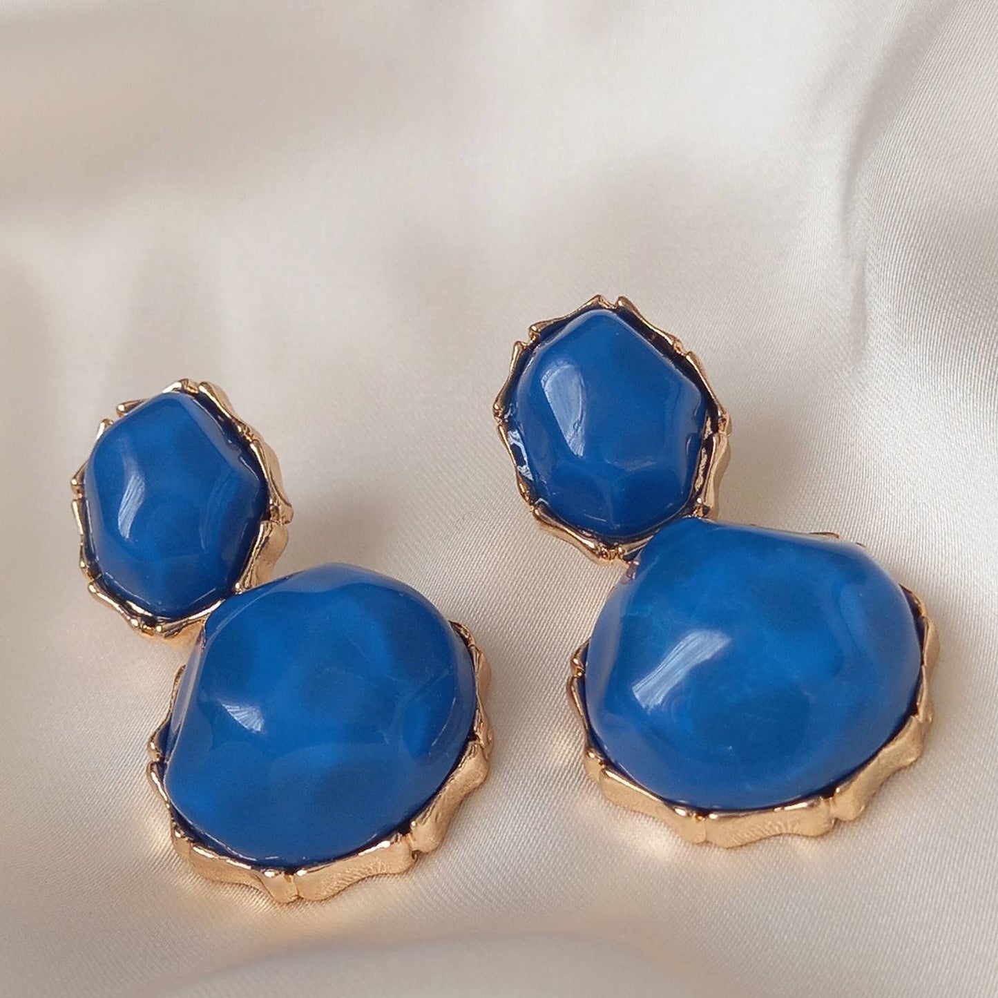 Blue & Gold Oval Resin Drop Earrings -Blue Earrings,Blue Jewellery,Gold Earrings,Resin Earrings,Chunky Earrings,Thick Earrings,Oval Earrings