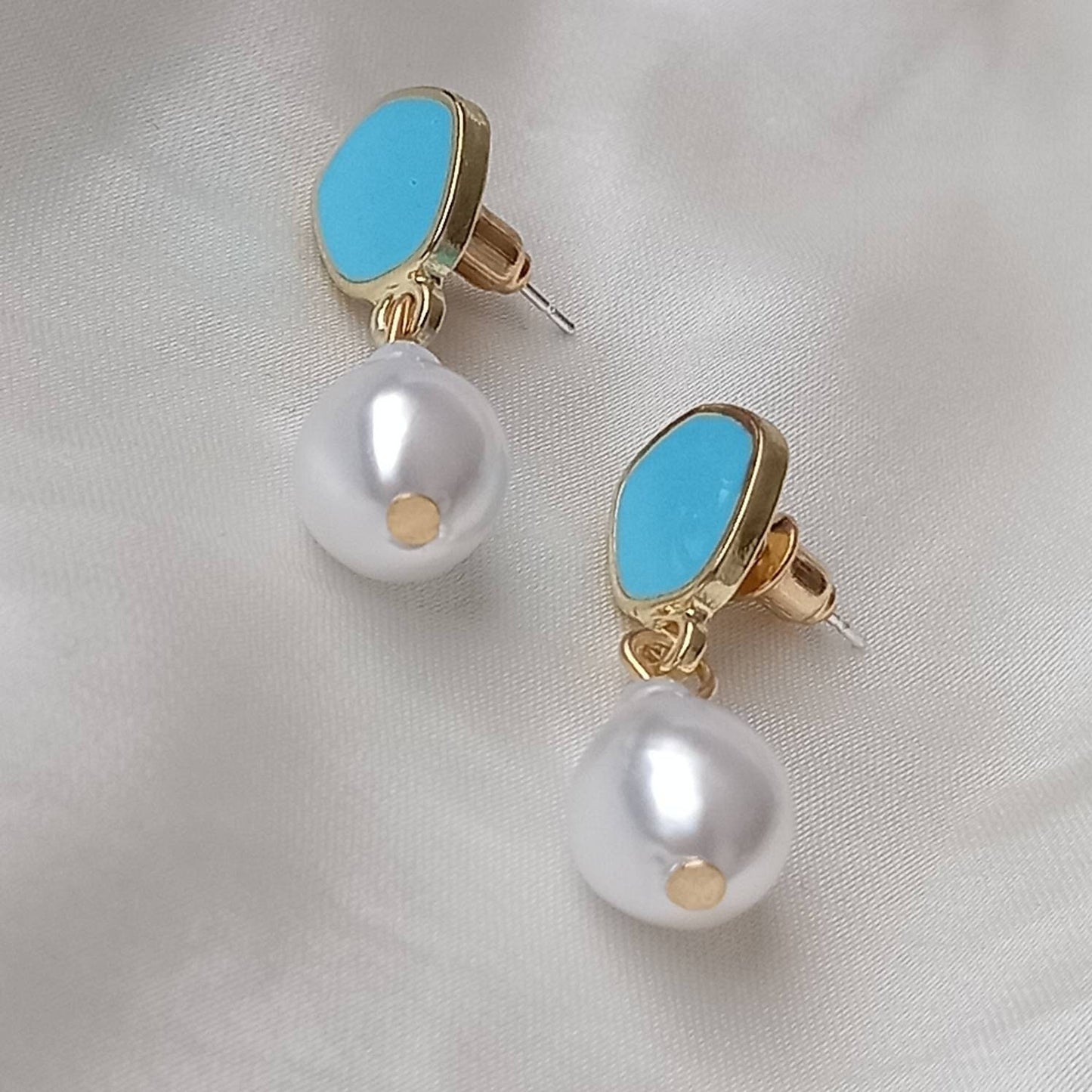 Blue Stud & Pearl Drop Earrings - Pearl Earrings, Blue Earrings, Small Earrings, Small Drop Earrings, Blue Jewellery, Earrings In The UK