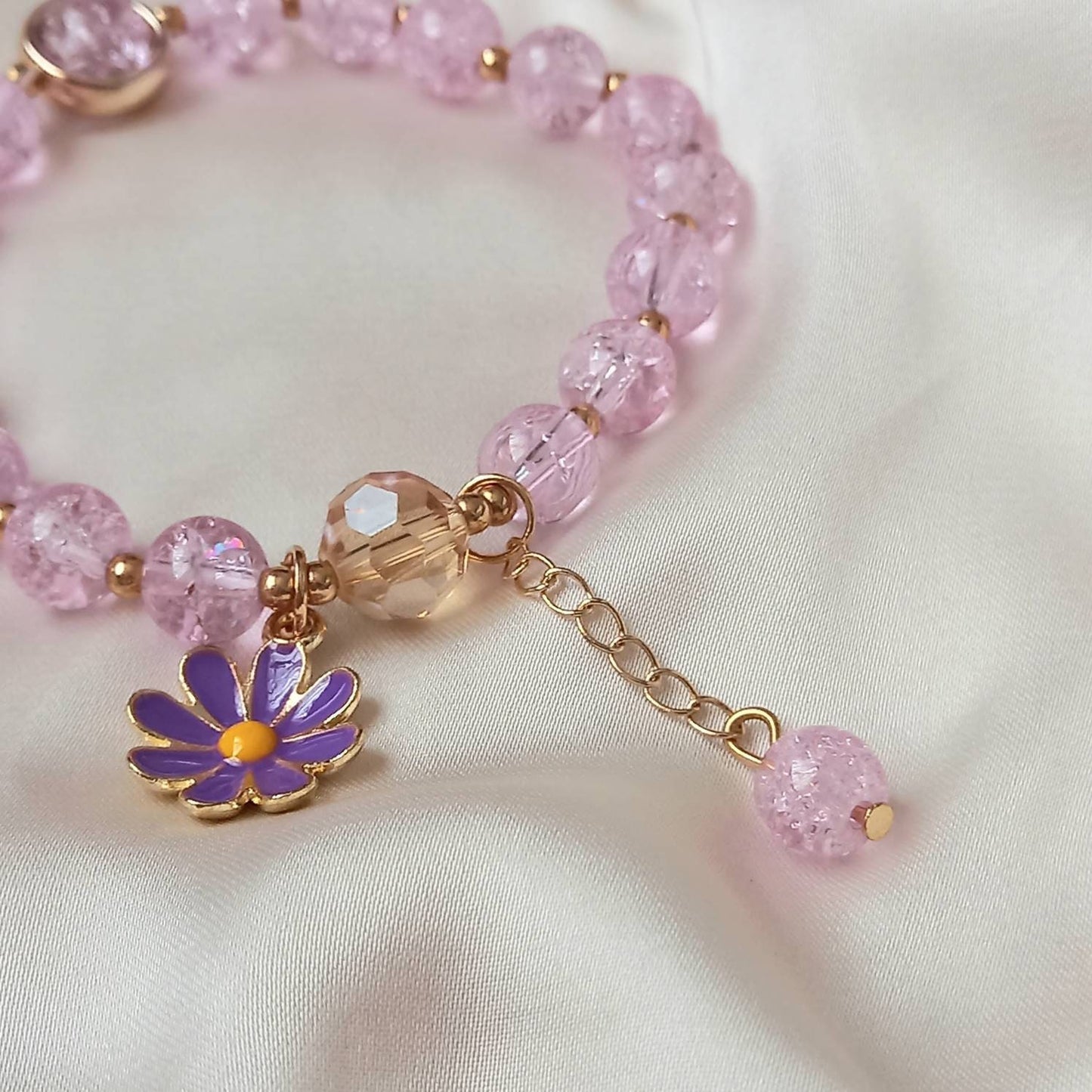 Pink Floral Bead Charm Bracelet - Bead Jewellery, Pink Accessories, Charm Bracelet,Bead Bracelet,Classy Bracelet,Cute Bracelet,Pink Jewelley