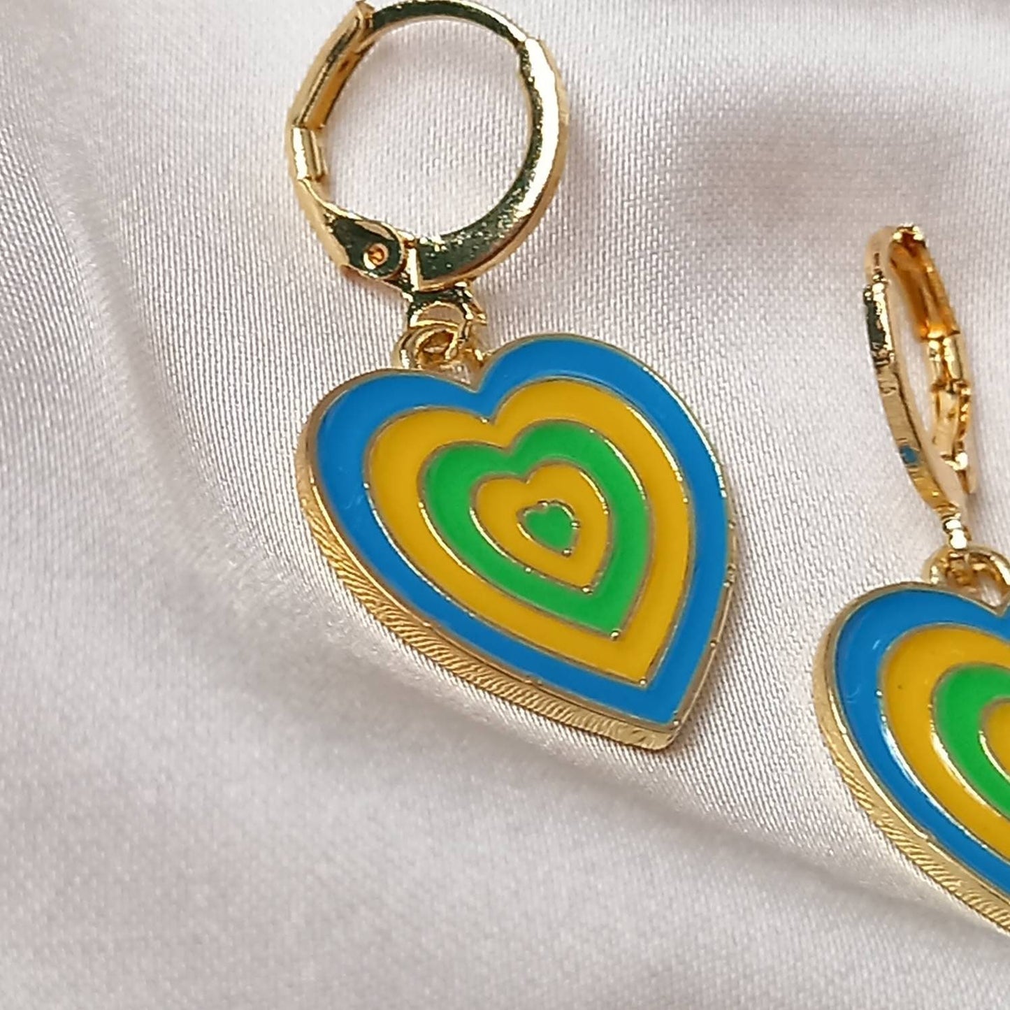 Blue & Gold Retro Heart Drop Earrings - 70's Style Earrings, Vintage Style, Hanging Jewellery,Accessories,Yellow Jewellery,Gold Earrings