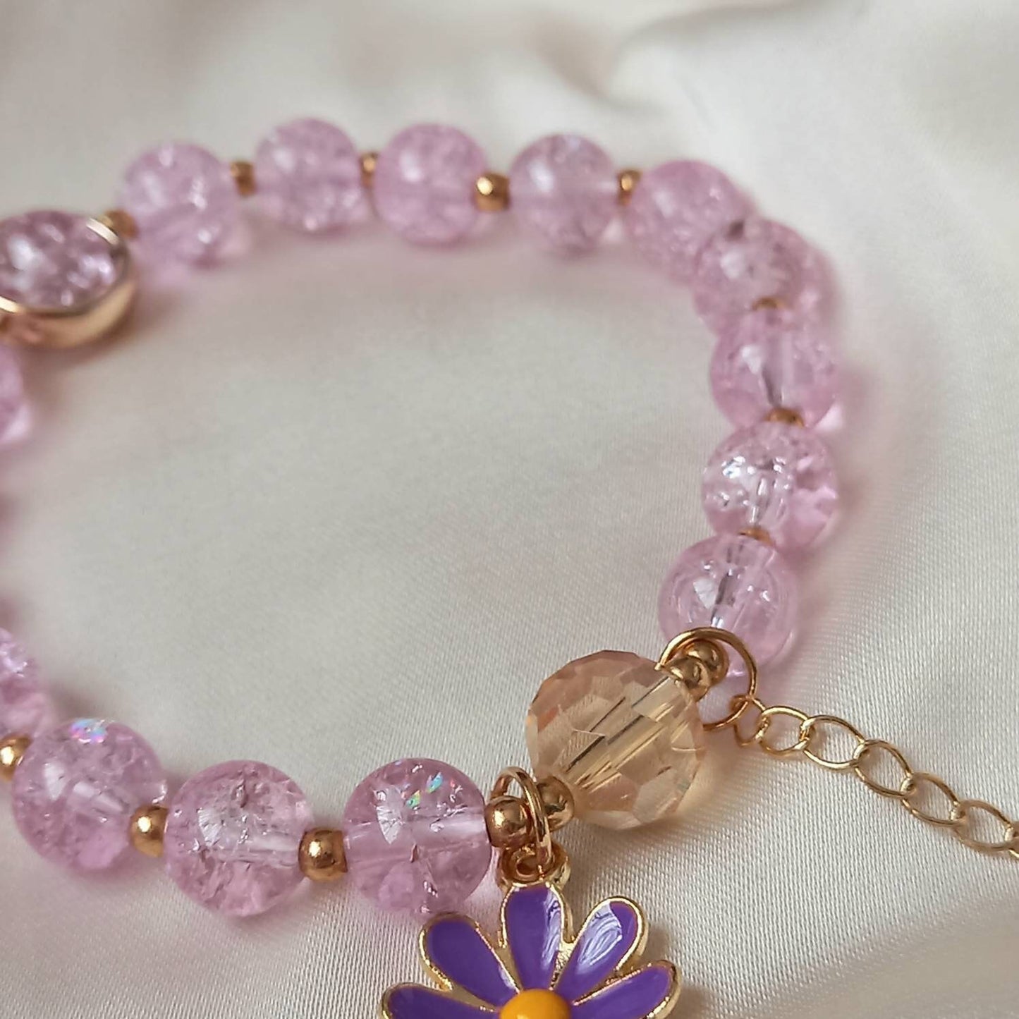Pink Floral Bead Charm Bracelet - Bead Jewellery, Pink Accessories, Charm Bracelet,Bead Bracelet,Classy Bracelet,Cute Bracelet,Pink Jewelley