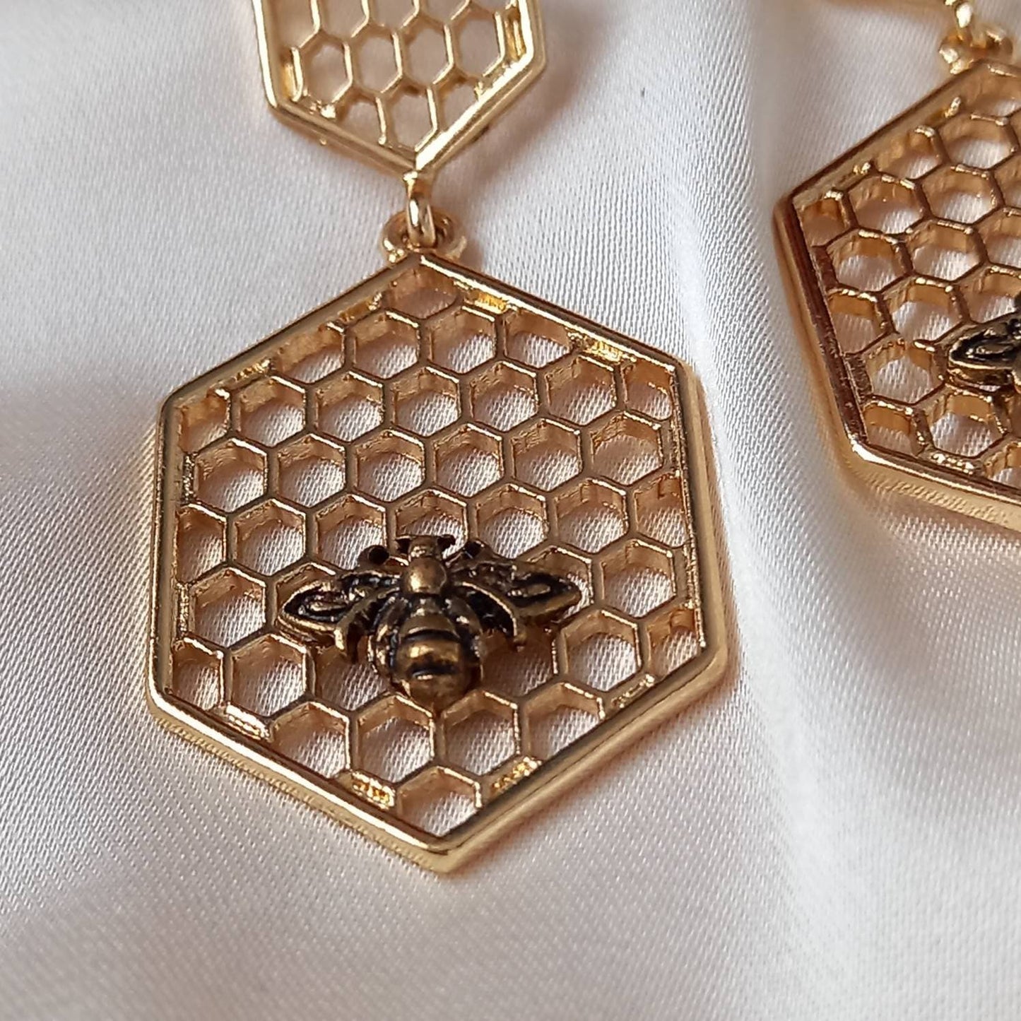 Gold Bumble Bee Drop Earrings - Gold Jewellery, Honeycomb Earrings, Gold Bee Earrings, Bee Jewelley,Gold Earrings In The UK,Insect Jewellery