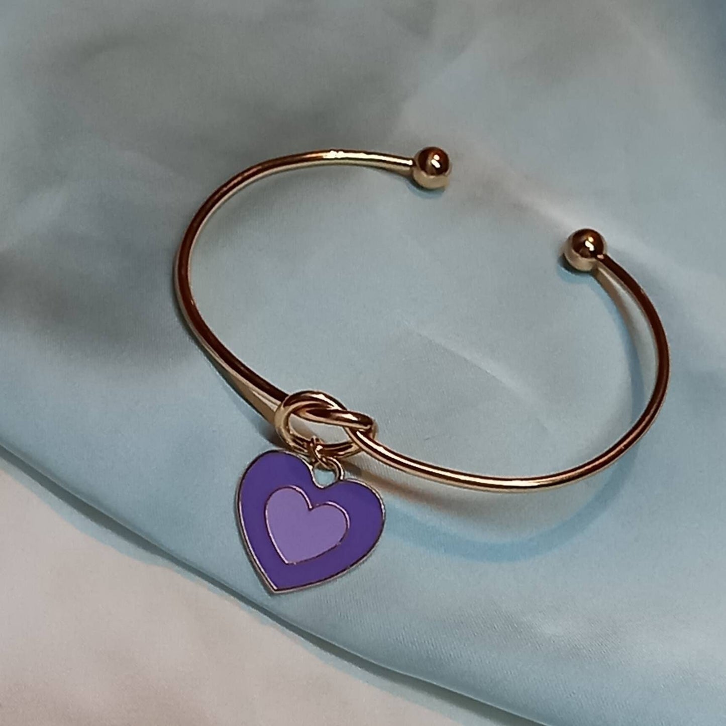 Gold Plated Knot & Purple Heart Bangle Bracelet - Gold Jewellery, Gold Bangle, Bangle Jewellery, Heart Bangle Bracelet, Purple Gift For Her