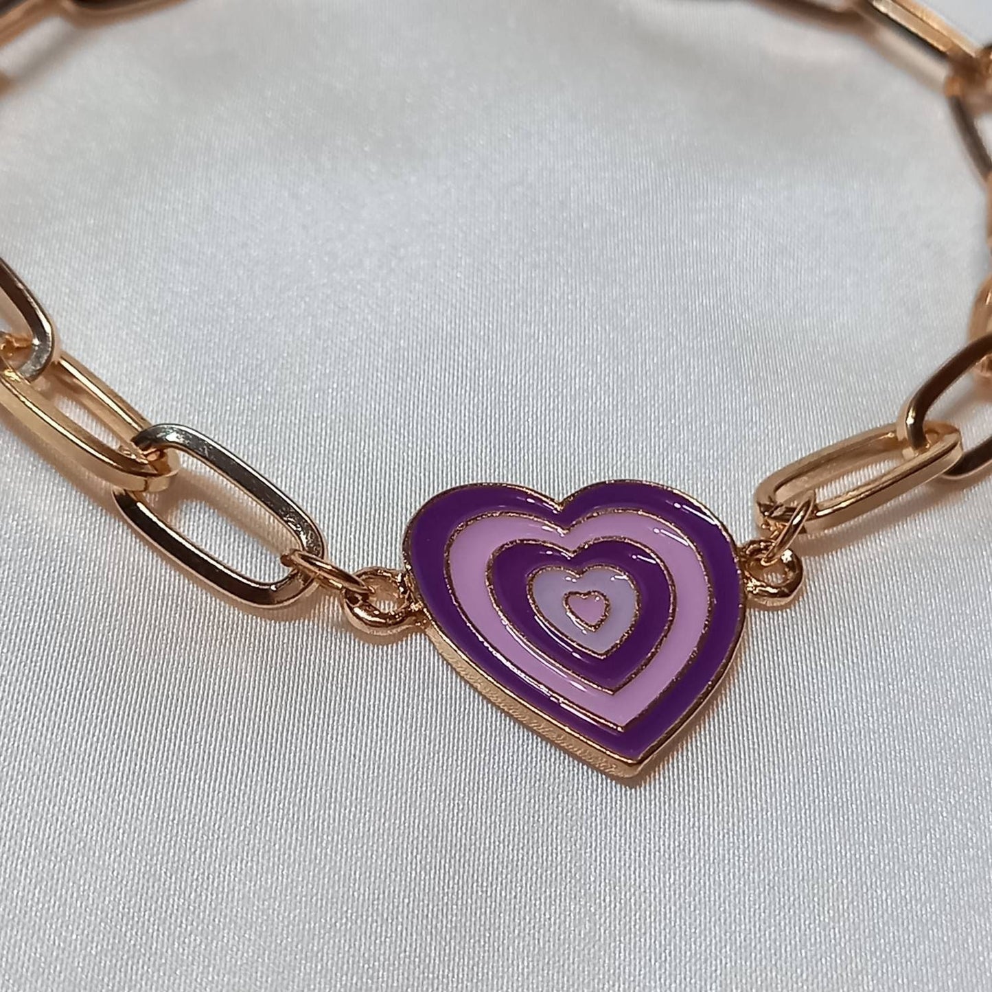 Purple & Gold Retro Heart Charm Bracelet - 70's Style Bracelet, Vintage Style, Charm Jewellery,Accessories,Purple Jewellery,Gold Bracelet