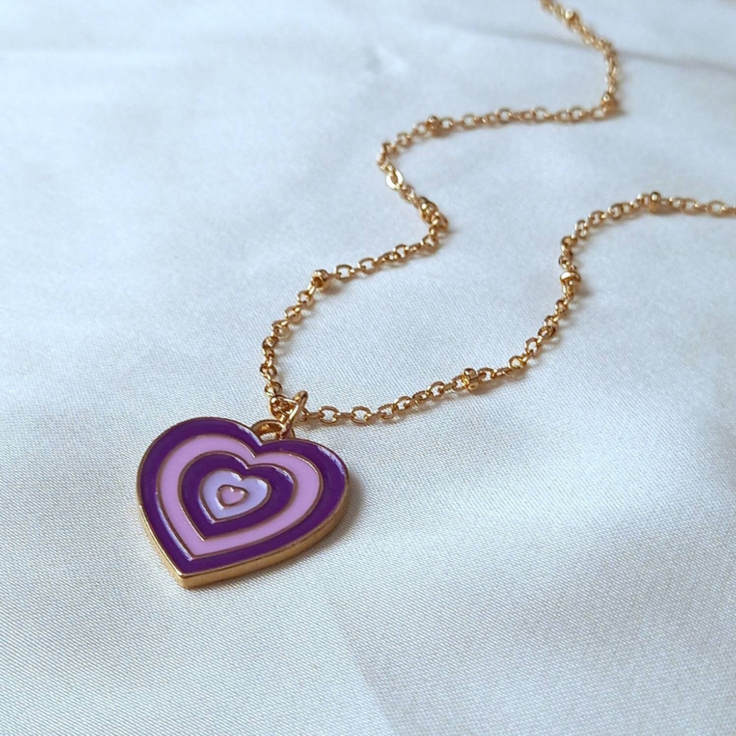 Purple & Gold Retro Heart Necklace - 70's Style Necklace, Vintage Style, Hanging Jewellery, Accessories, Purple Jewellery, Gold Necklace