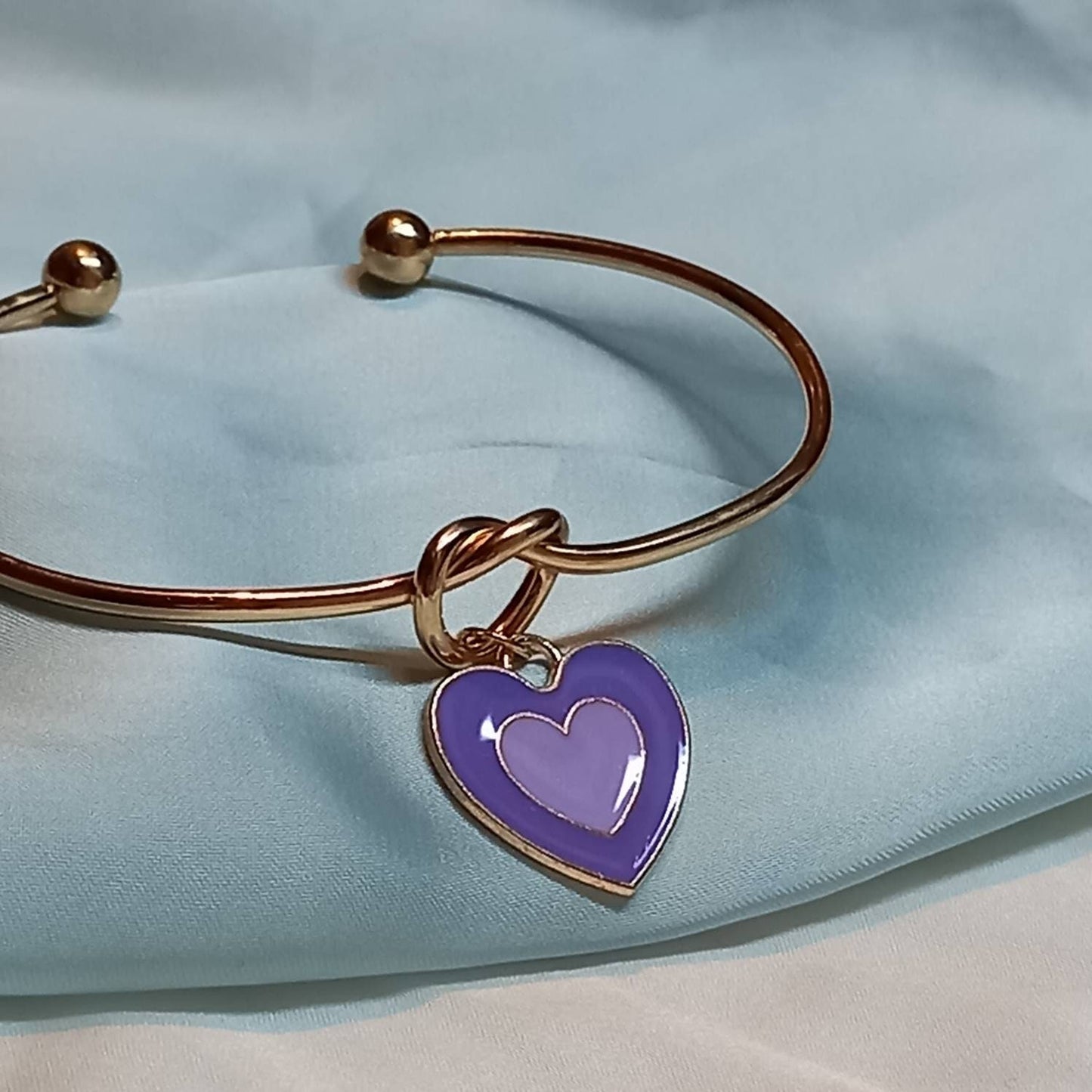 Gold Plated Knot & Purple Heart Bangle Bracelet - Gold Jewellery, Gold Bangle, Bangle Jewellery, Heart Bangle Bracelet, Purple Gift For Her