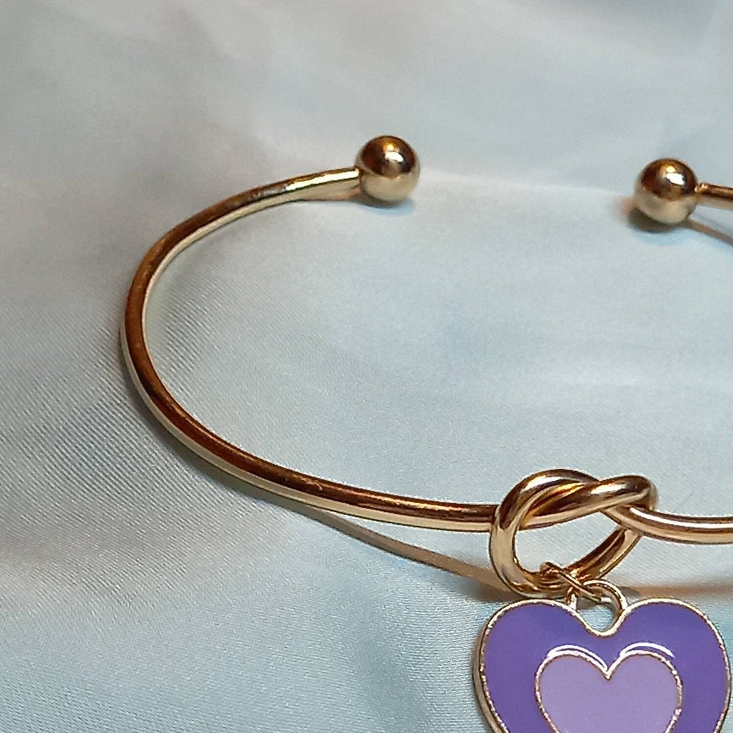 Gold Plated Knot & Purple Heart Bangle Bracelet - Gold Jewellery, Gold Bangle, Bangle Jewellery, Heart Bangle Bracelet, Purple Gift For Her