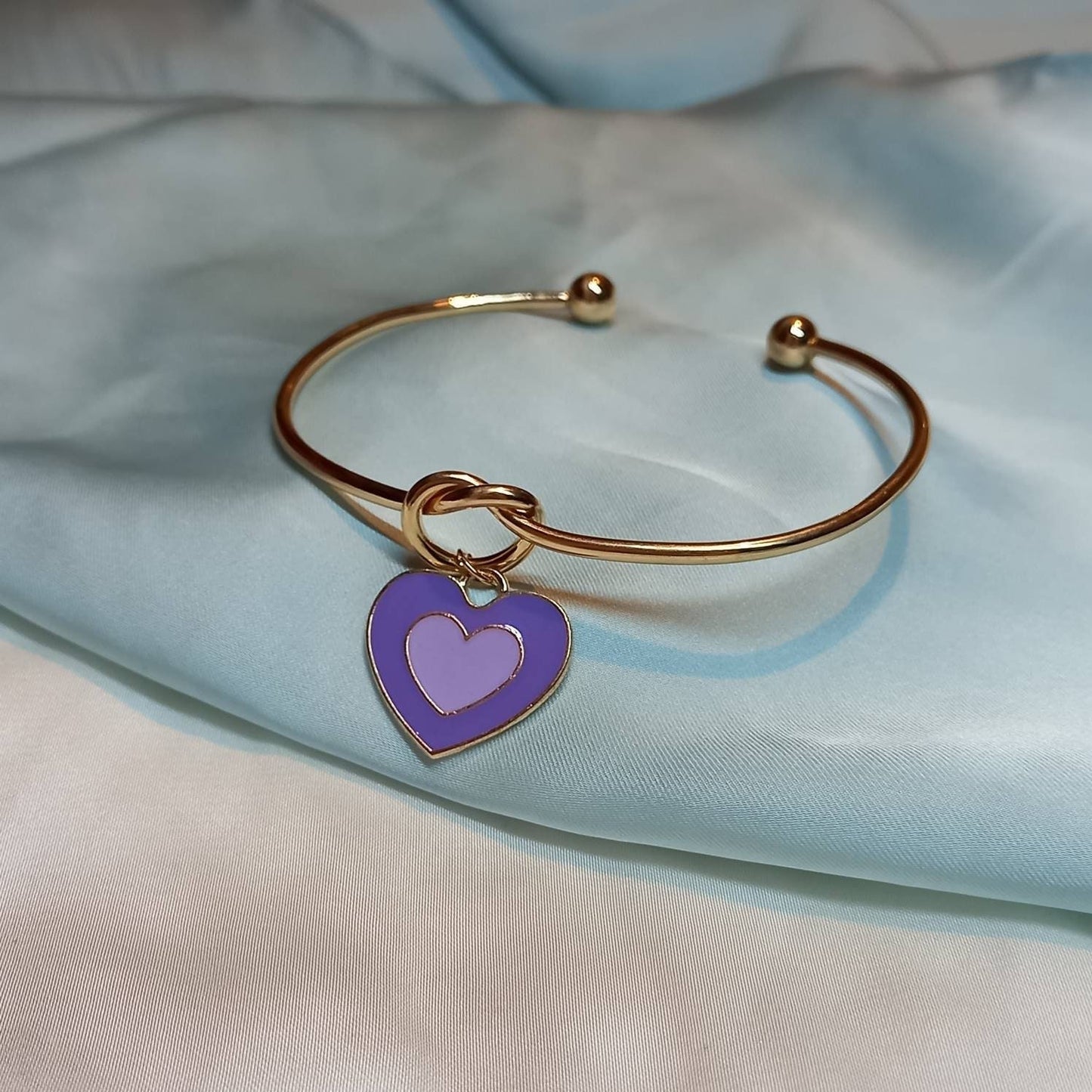 Gold Plated Knot & Purple Heart Bangle Bracelet - Gold Jewellery, Gold Bangle, Bangle Jewellery, Heart Bangle Bracelet, Purple Gift For Her