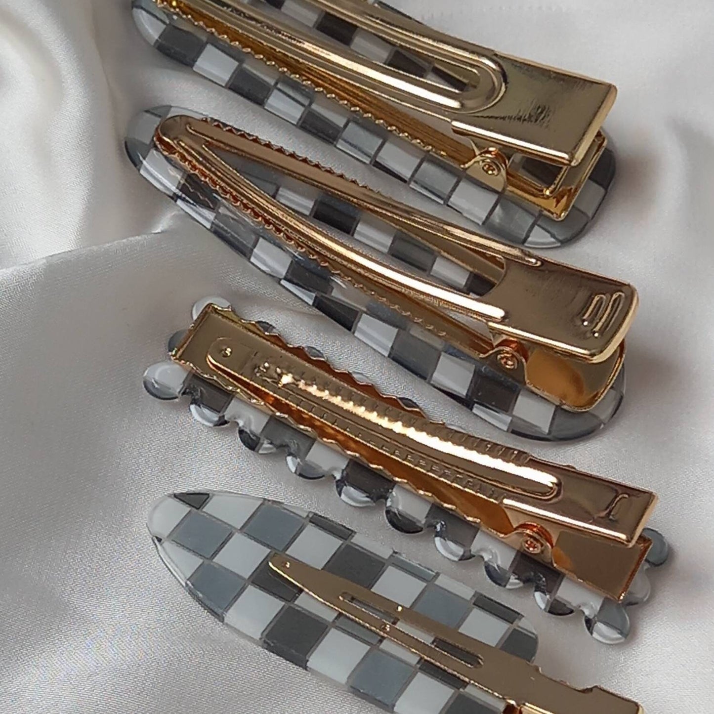 Set of 4 Retro Hair Clips - Grey Hair Clip, Funky Hair Accessories, 70's Accessories, Chequered Hair Clips, Grey Hair Slides