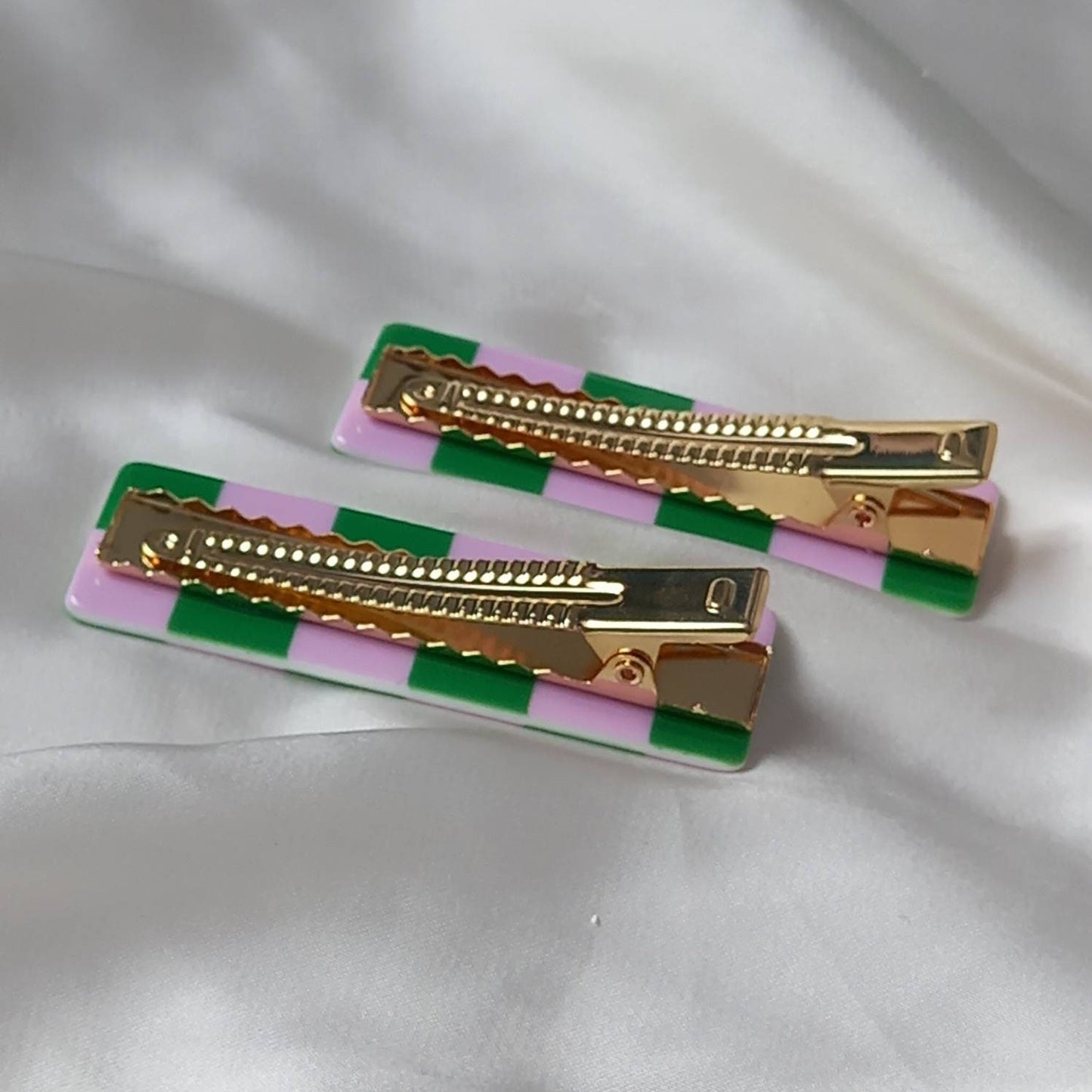 Set of 2 Retro Hair Clips - Pink & Green Hair Clip, Funky Hair Accessories, Chequered Hair Clips, 70's Accessories, Minimalistic Hair Clips