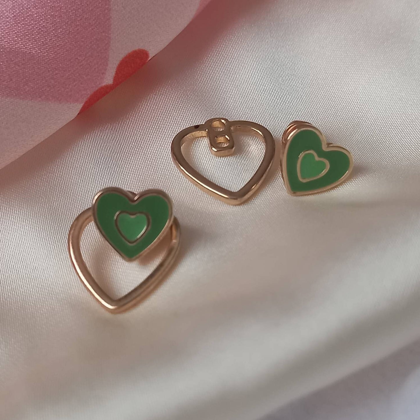 Green & Gold Retro Heart Stud Earrings - Green Heart Earrings, 70's Style Earrings, Vintage Style, Green Jewellery, Gold Earrings In The Uk