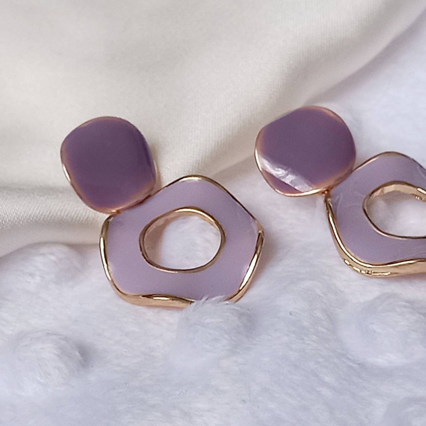 Purple & Gold Retro Drop Earrings - Round Earrings, Purple Earrings In The UK,Gold Earrings In The UK, Purple Jewellery, Lilac Earrings