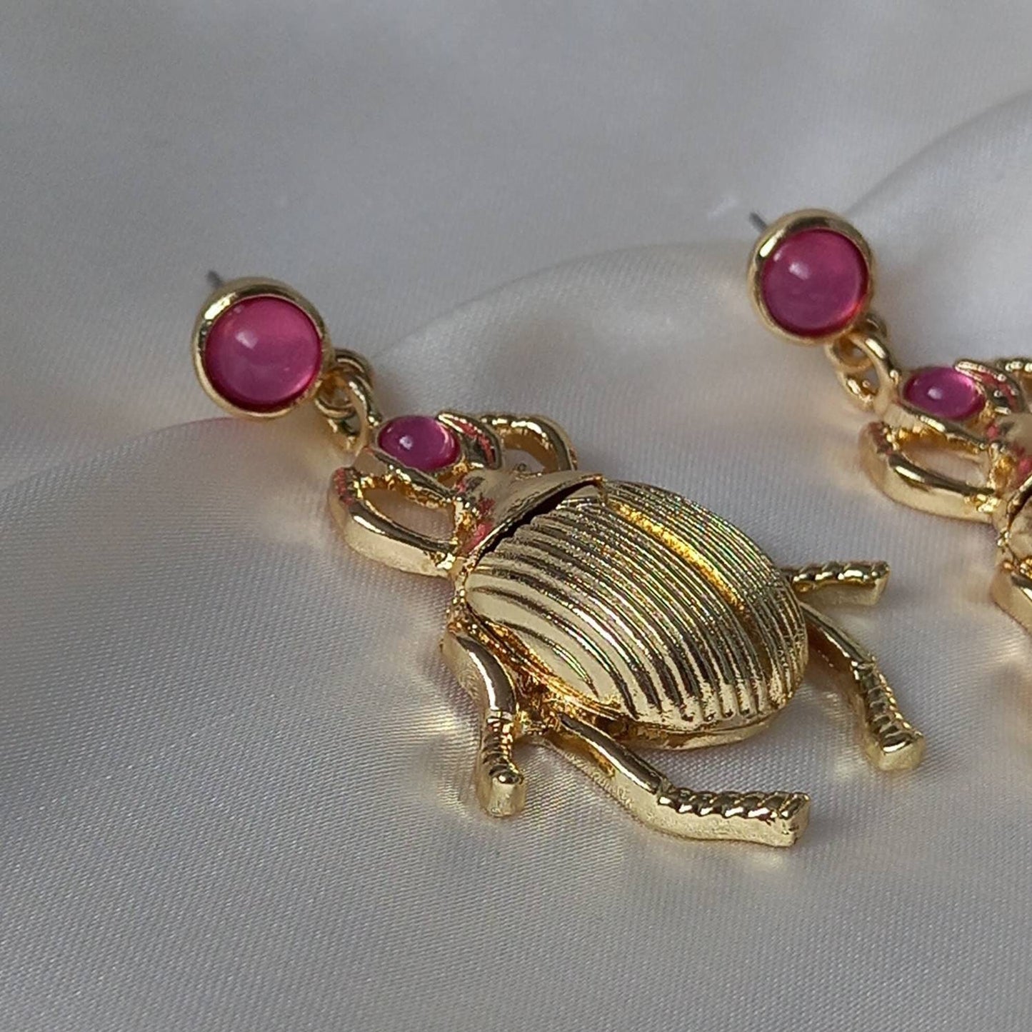 Pink & Gold Insect Drop Earrings - Pink Bug Earrings, Insect Jewellery, Hanging Jewellery, Gold Accessories,Gold Jewellery,Gold Earrings