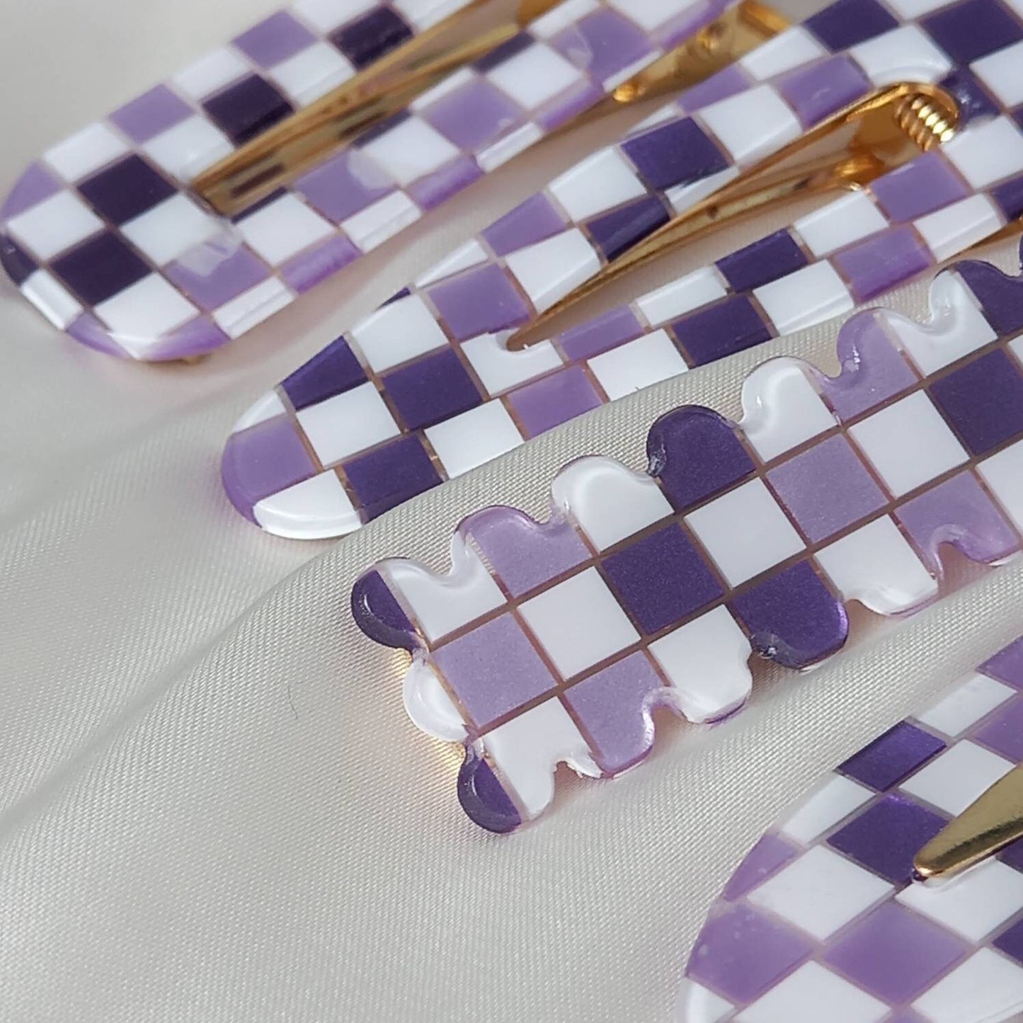 Set of 4 Retro Hair Clips - Purple Hair Clip, Funky Hair Accessories, 70's Accessories, Chequered Hair Clips, Purple Hair Slides