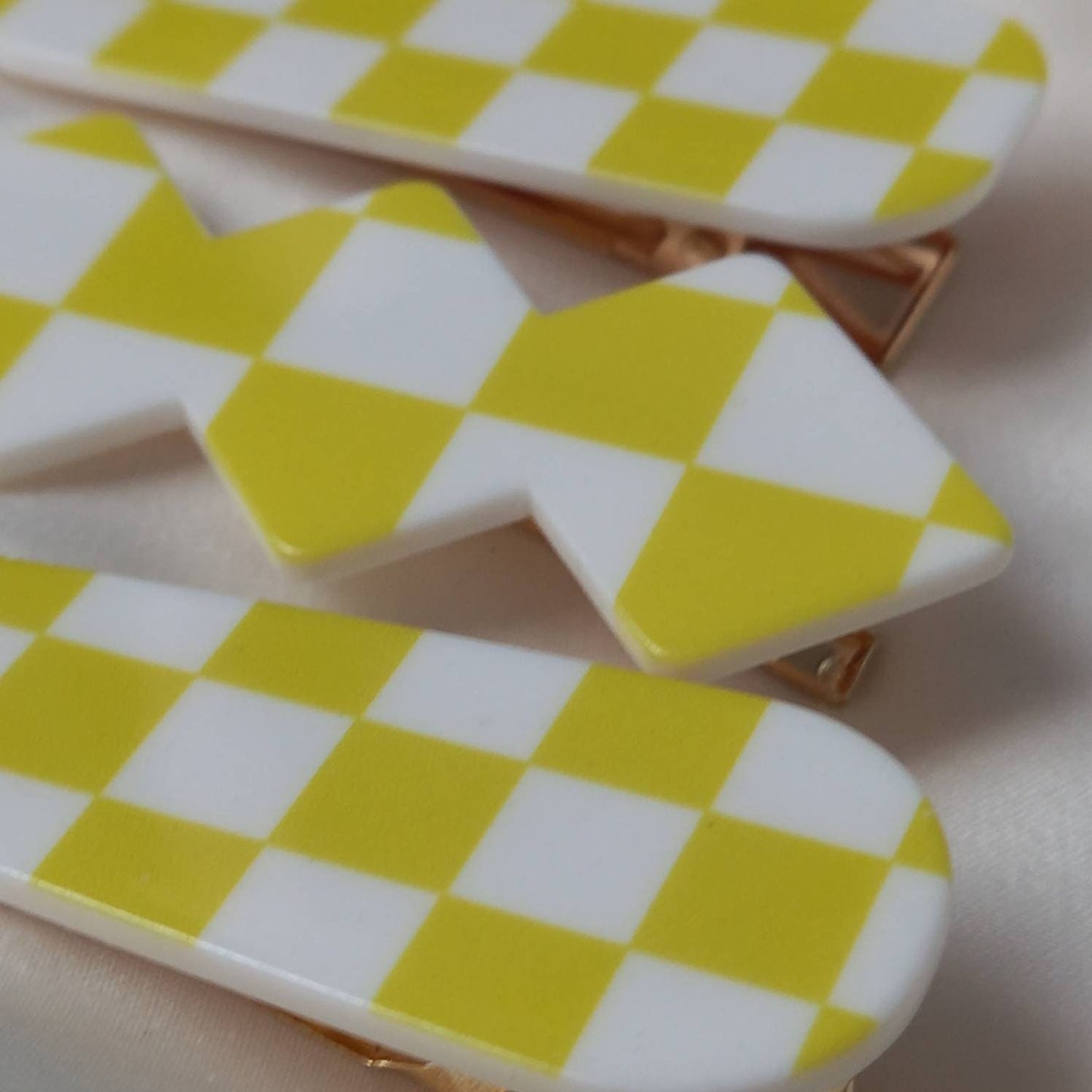 Set of 3 Chequered Hair Clips - Yellow & White Hair Clip, Funky Hair Accessories, Chequered Hair Clips, 70's Accessories, Minimalistic