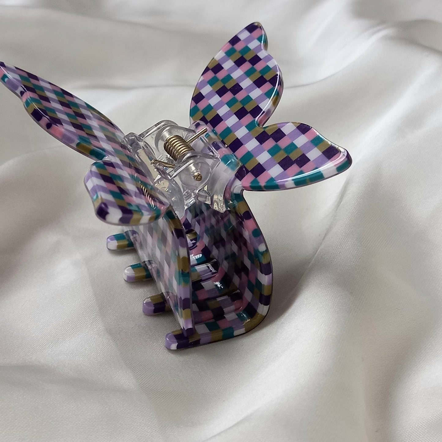 Checkered Retro Butterfly Hair Clip - Pink Hair Clip, Funky Hair Clip, 70's Accessories, Blue Hair Claw, Checkered Hair Clips In The UK