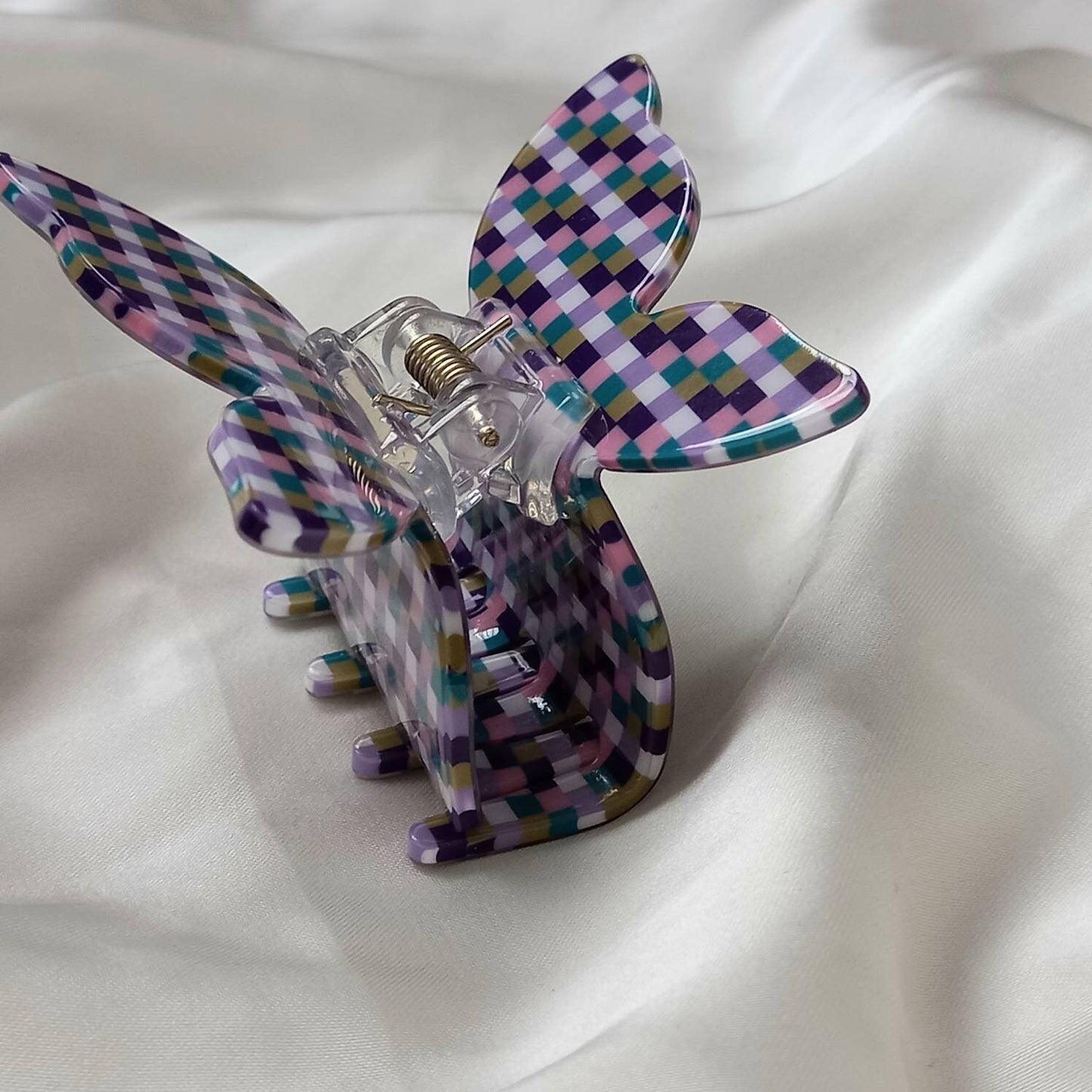 Checkered Retro Butterfly Hair Clip - Pink Hair Clip, Funky Hair Clip, 70's Accessories, Blue Hair Claw, Checkered Hair Clips In The UK