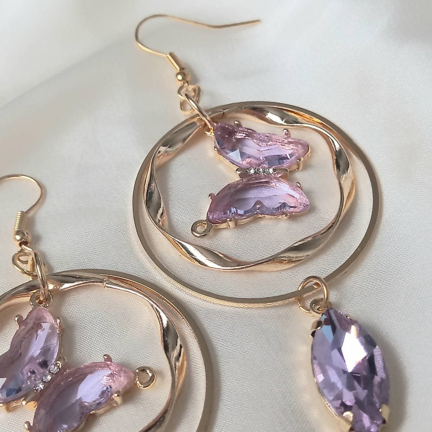 Gold & Purple Butterfly Drop Earrings - Purple Drop Earrings, Purple Butterfly Earrings, Gold Earrings In The UK, Gold Butterfly Jewellery