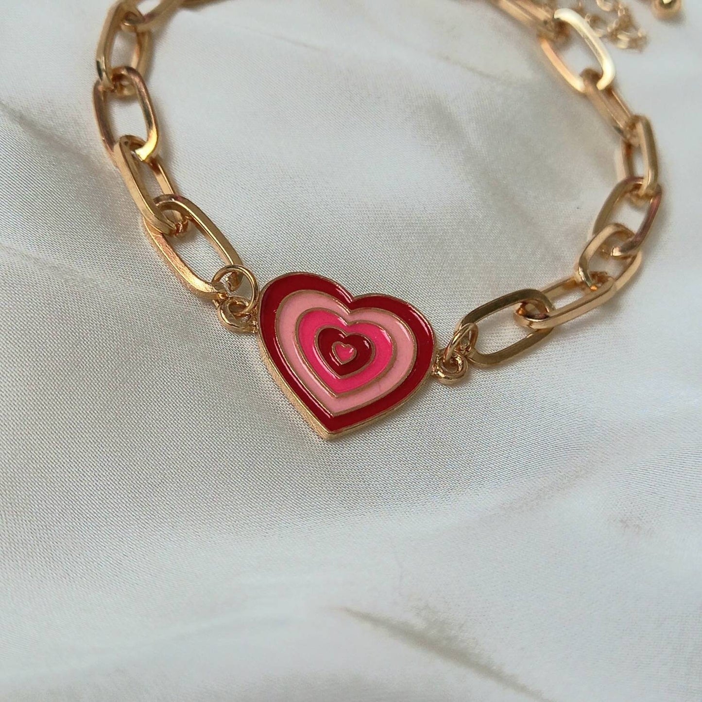 Pink & Gold Retro Heart Charm Bracelet - 70's Style Bracelet, Vintage Style, Charm Jewellery,Pink Accessories,Pink Jewellery,Gold Bracelet