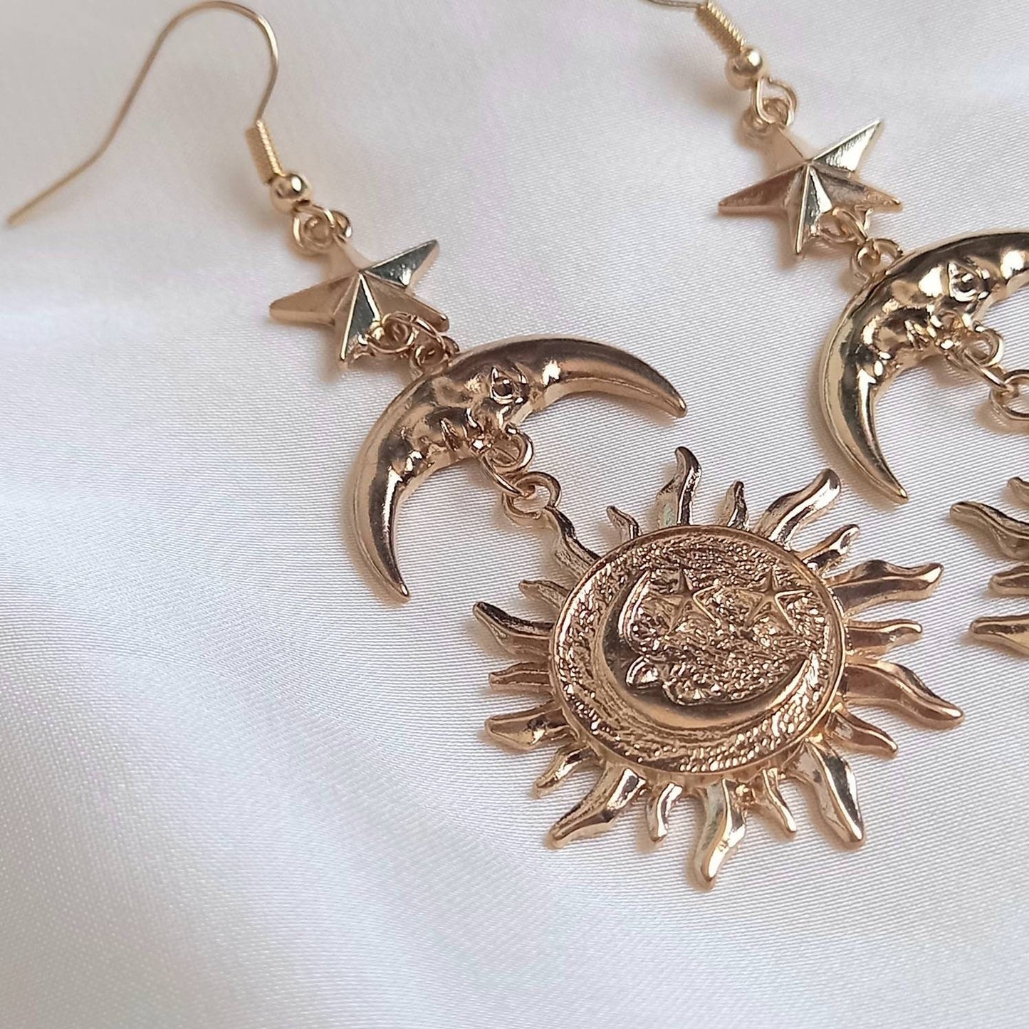 Gold Sun Moon Star Drop Earrings - Lightweight Drop Earrings, Gold Sun Earrings, Moon Earrings, Gold Star Earrings In The UK, Gold Jewellery