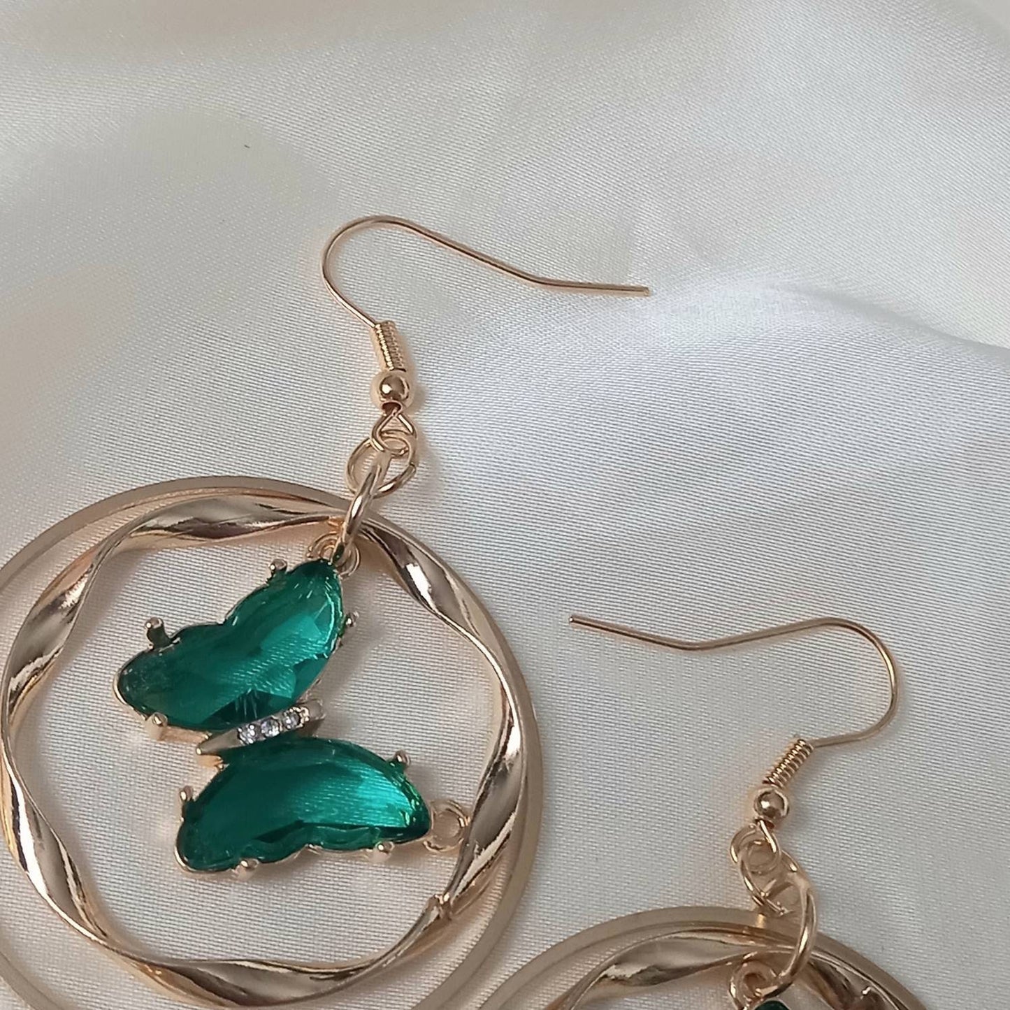Gold & Green Butterfly Drop Earrings - Green Drop Earrings, Green Butterfly Earrings, Gold Earrings In The UK, Gold Butterfly Jewellery