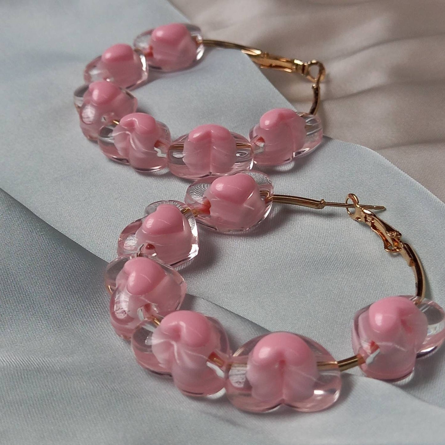 Gold & Pink Heart Hoop Earrings - Pink Bead Hoop Earrings, Pink Heart Earrings, Pink Earrings, Cute Earrings, Gold Earrings, Gold Jewellery