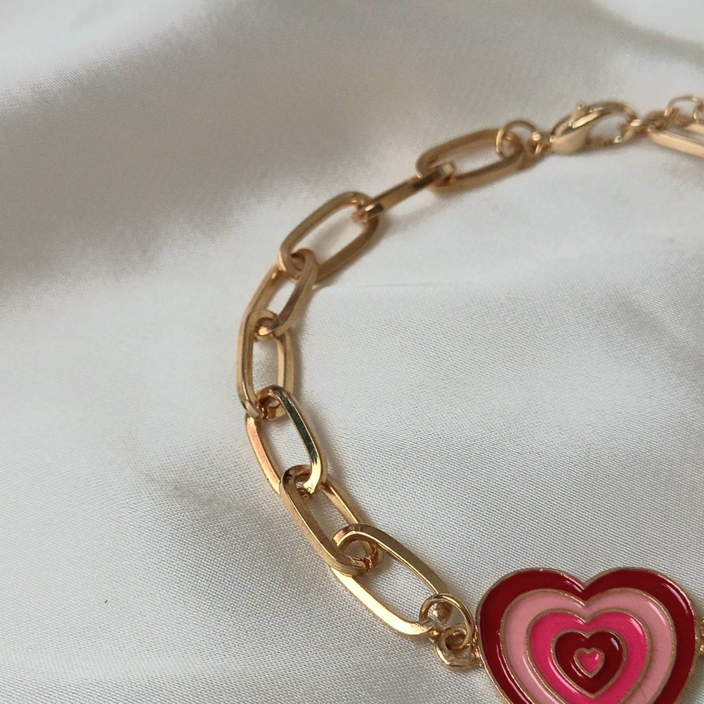Pink & Gold Retro Heart Charm Bracelet - 70's Style Bracelet, Vintage Style, Charm Jewellery,Pink Accessories,Pink Jewellery,Gold Bracelet