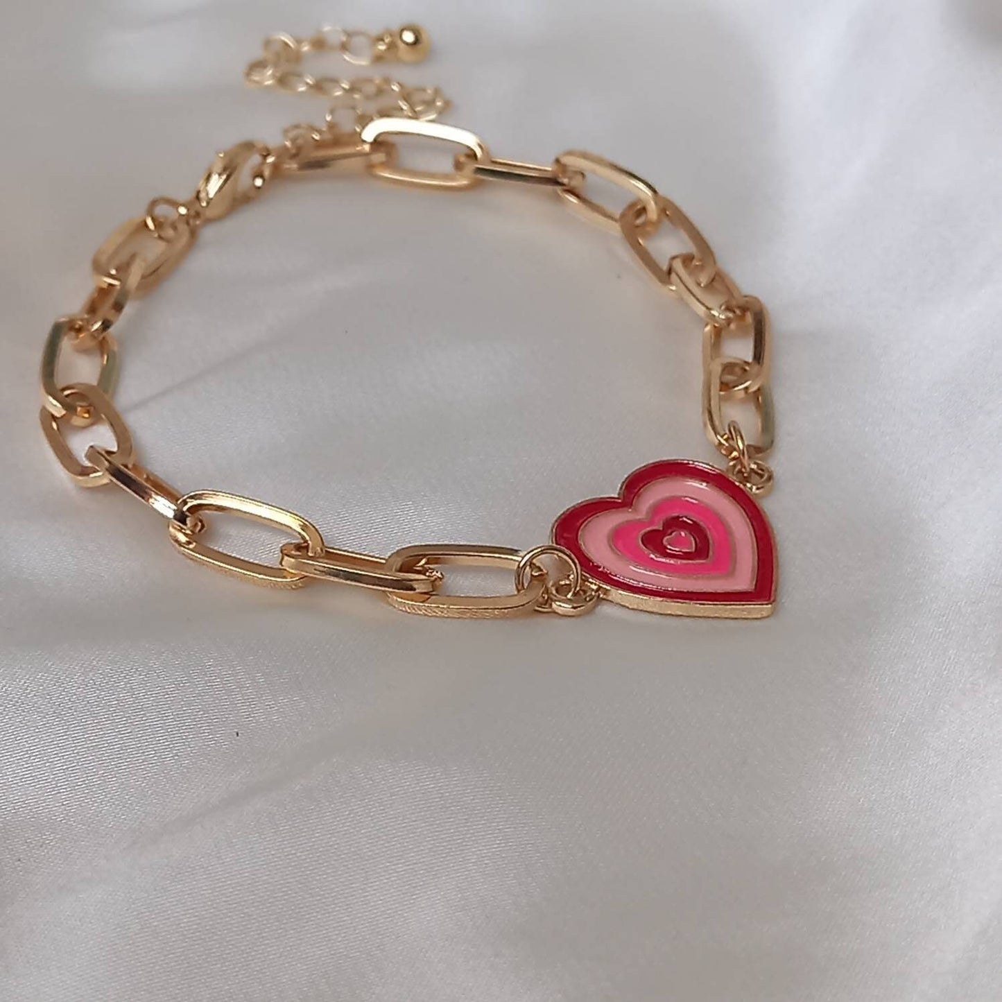 Pink & Gold Retro Heart Charm Bracelet - 70's Style Bracelet, Vintage Style, Charm Jewellery,Pink Accessories,Pink Jewellery,Gold Bracelet