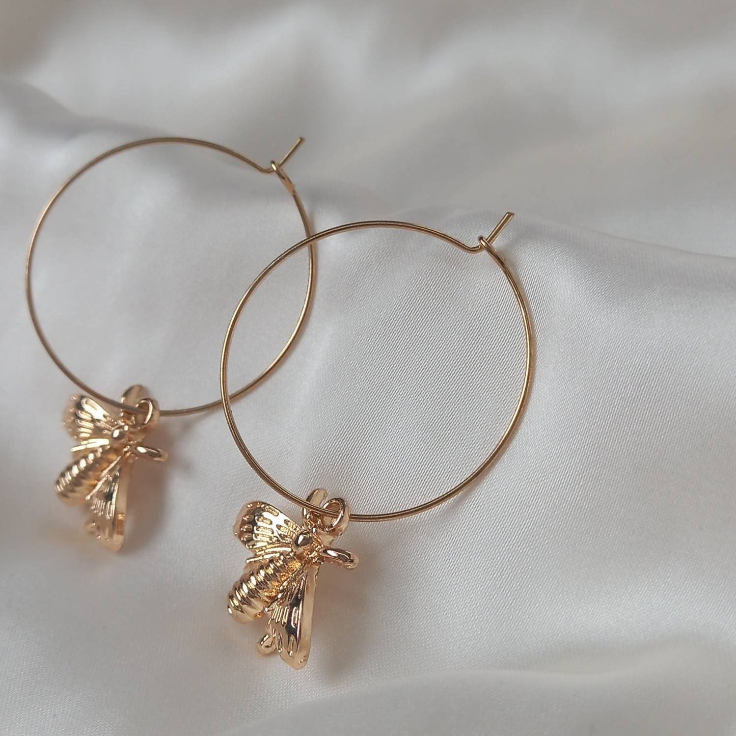 Gold Bee Hoop Earrings - Lightweight Hoop Earrings,Bee Earrings,Gold Hoop Earrings In The UK,Gold Earrings In The UK,Gold Jewellery, Bees