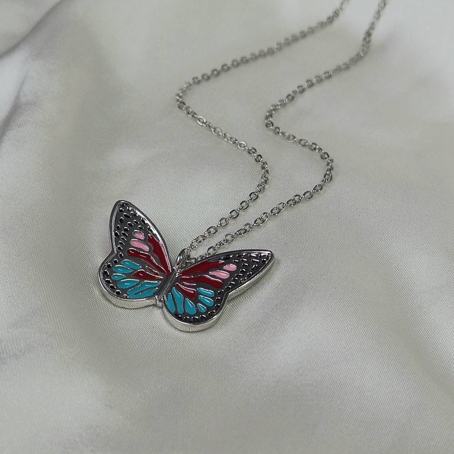 Silver Butterfly Charm Necklace - Chain Necklaces,Pink & Blue Butterfly Necklace,Silver Necklaces In The UK, Silver Jewellery In The UK
