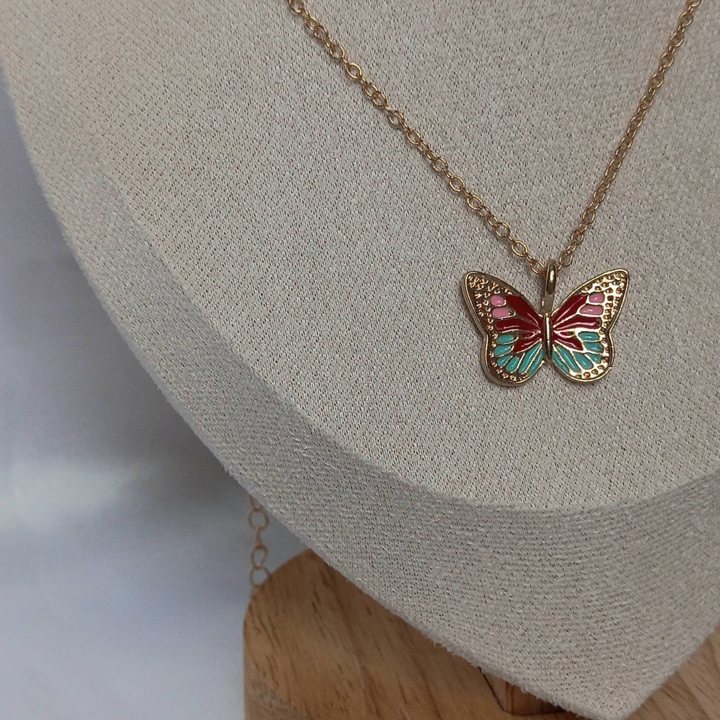 Gold Butterfly Charm Necklace - Chain Necklaces,Pink & Blue Butterfly Necklace,Gold Necklaces In The UK,Gold Jewellery In The UK,Red