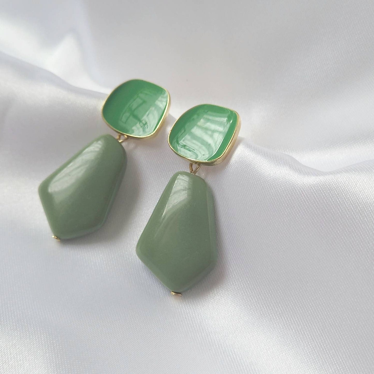 Gold and Green Drop Earrings - Green Earrings In The UK,Sage Green Jewellery In The UK,Gold Earrings,Abstract Earrings,Abstract Jewellery