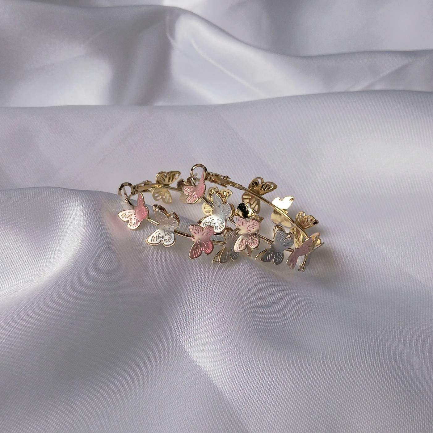 Pink & Gold Butterfly Hoop Earrings - Lightweight Hoop Earrings,Butterfly Earrings,Hoop Earrings,Cute Earrings,Gold Earrings,Gold Jewellery