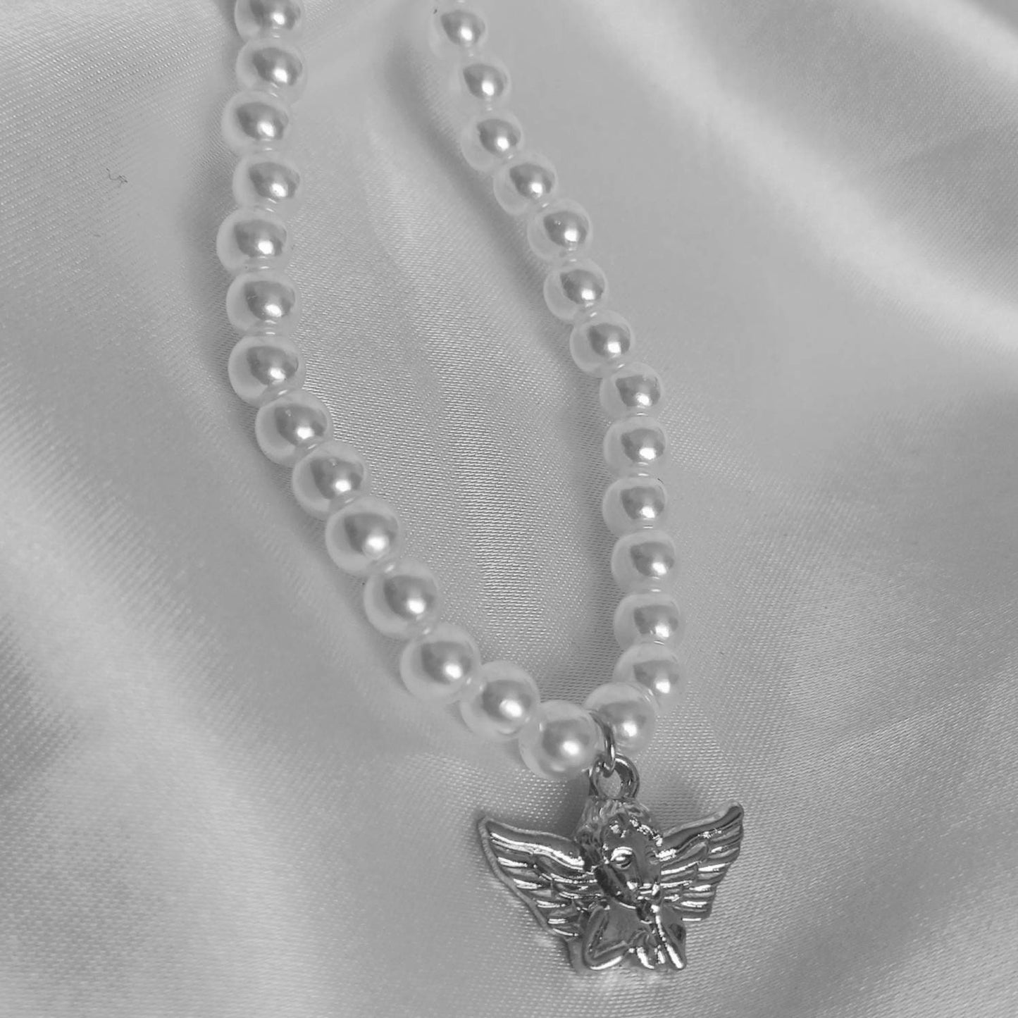 Silver Angel Charm Pearl Necklace - Faux Pearl Necklaces In The UK,Angel Necklace,Angel Jewellery,Silver Jewellery In The UK,Silver Necklace