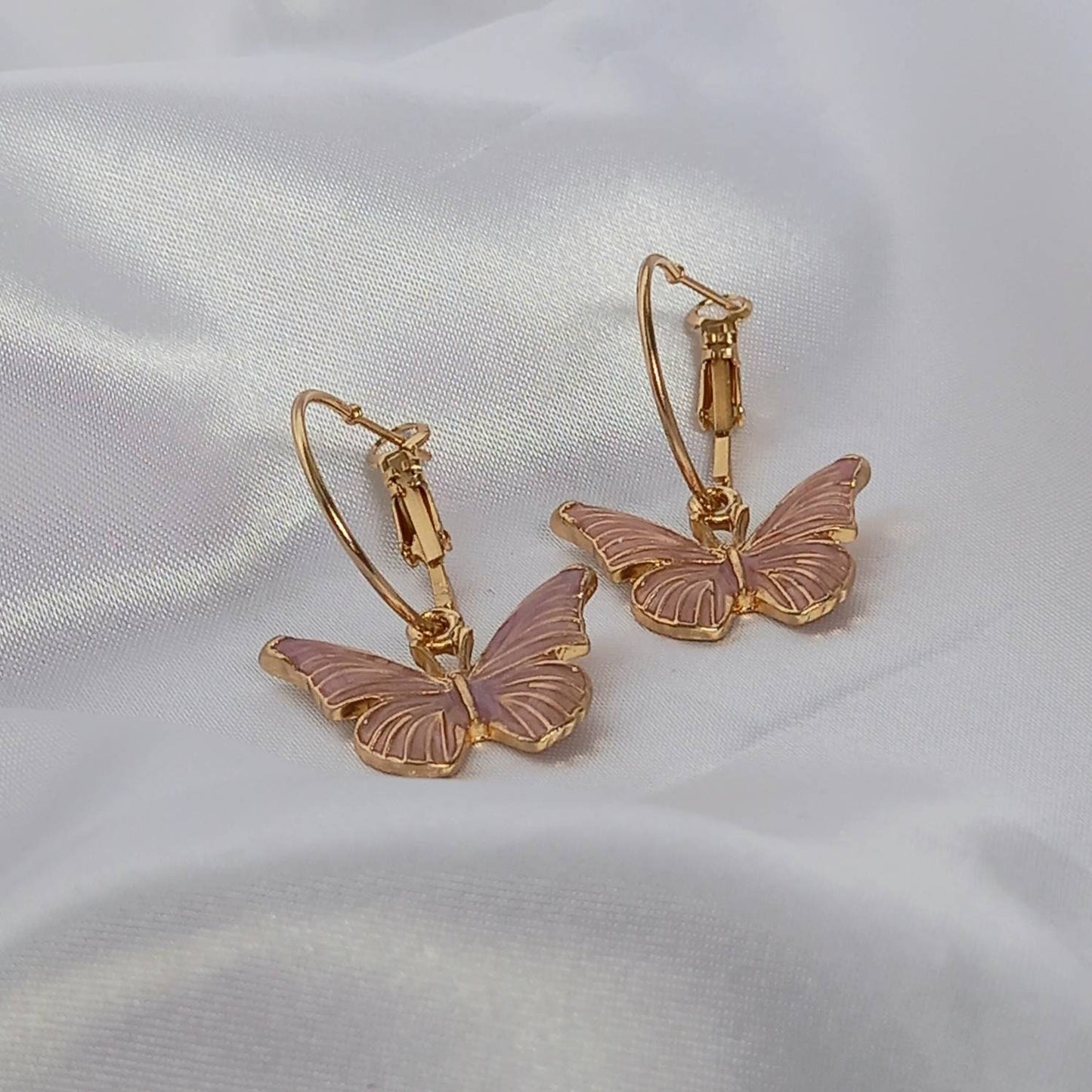 Pink Butterfly Hoop Earrings - Lightweight Hoop Earrings In The UK,Pink Butterfly Earrings,Pink Hoop Earrings,Gold Earrings,Gold Jewellery