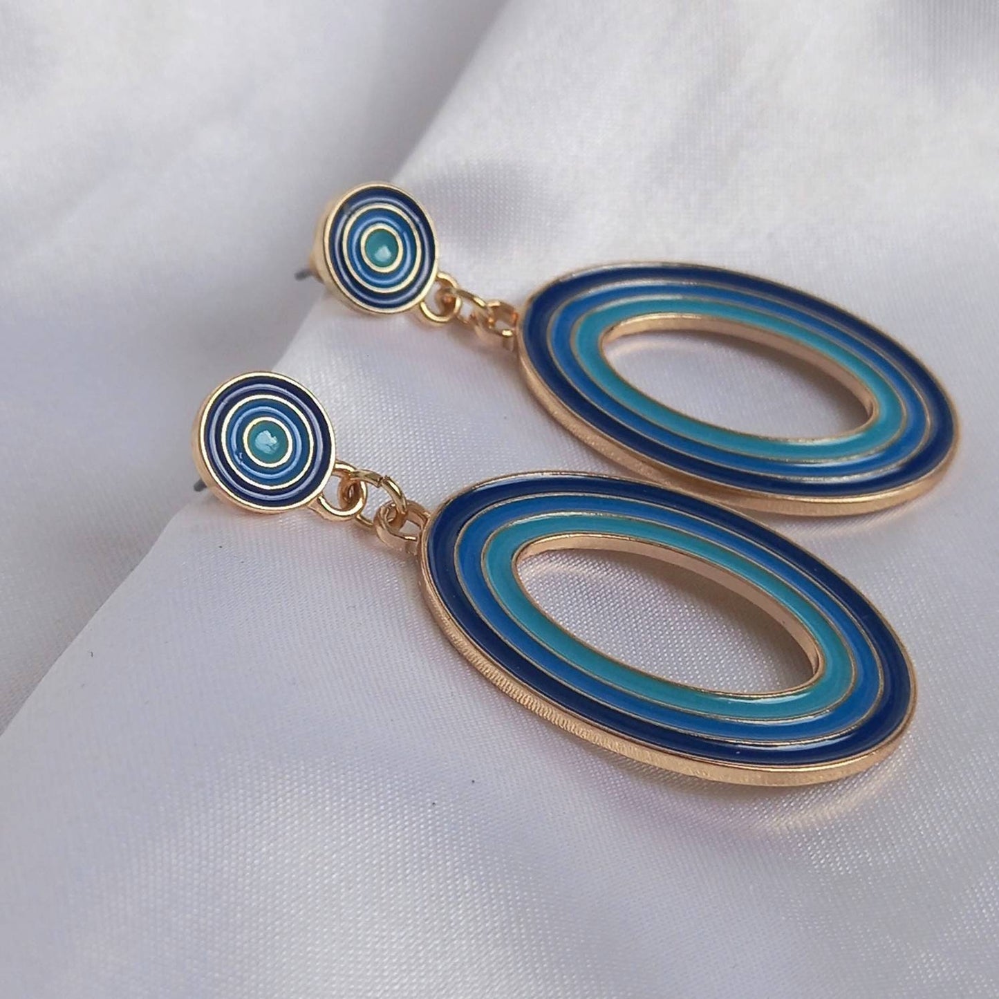 Blue & Gold Retro Drop Earrings - Oval Earrings,Blue Earrings In The UK,Gold Earrings,Blue Jewellery In The UK,Oval Jewellery,Round Earrings