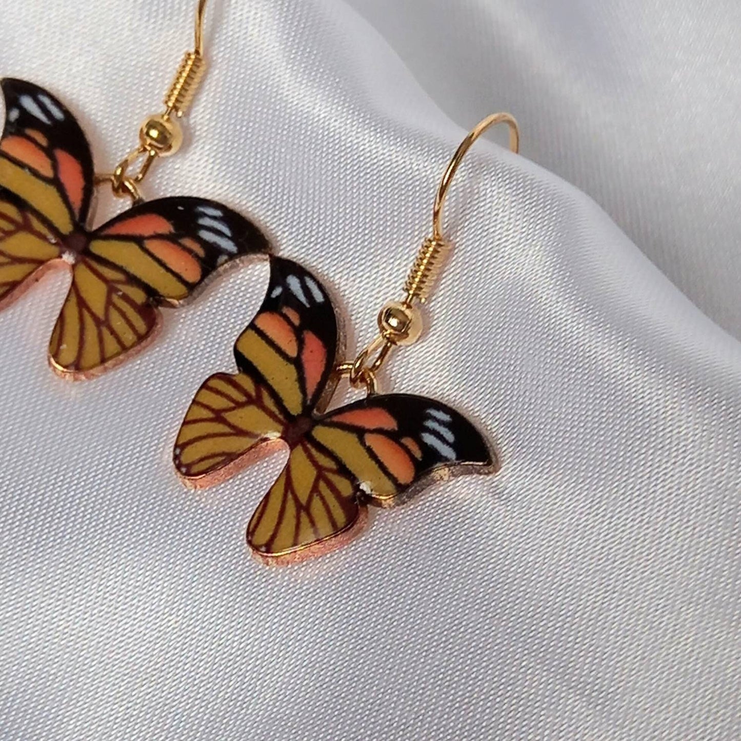 Orange Butterfly Drop Earrings - Lightweight Earrings,Orange Butterfly Earrings,Orange Earrings In The UK,Gold Butterfly Jewellery In The UK