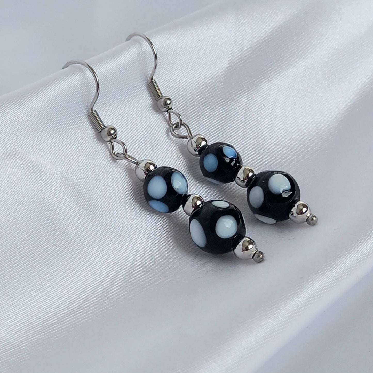 Silver Bead Drop Earrings - Spotty Bead Earrings,Spotty Bead Jewellery,Beaded Earrings In The UK,Beaded Jewellery,Long Drop Earrings
