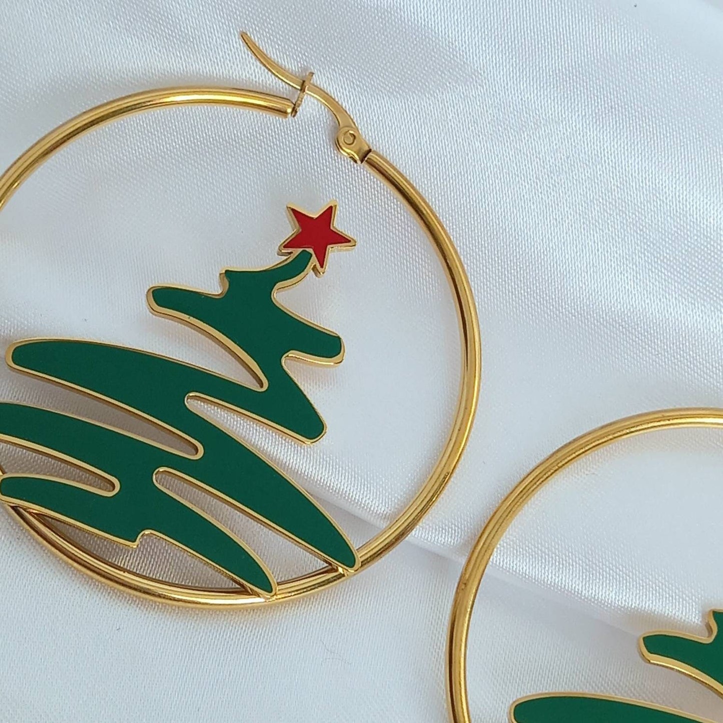 Gold Christmas Tree Hoop Earrings - Christmas Earrings,Large Gold Hoops,Christmas Tree Earrings,Gold Jewellery,Gold Earrings In The UK