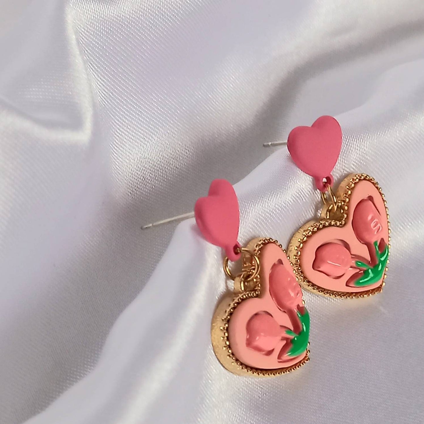 Pink Retro Heart Drop Earrings - Pink Earrings,Flower Earrings,Flower Jewellery,Pink Jewellery,Heart Earrings,Heart Jewellery,Tulip Earrings