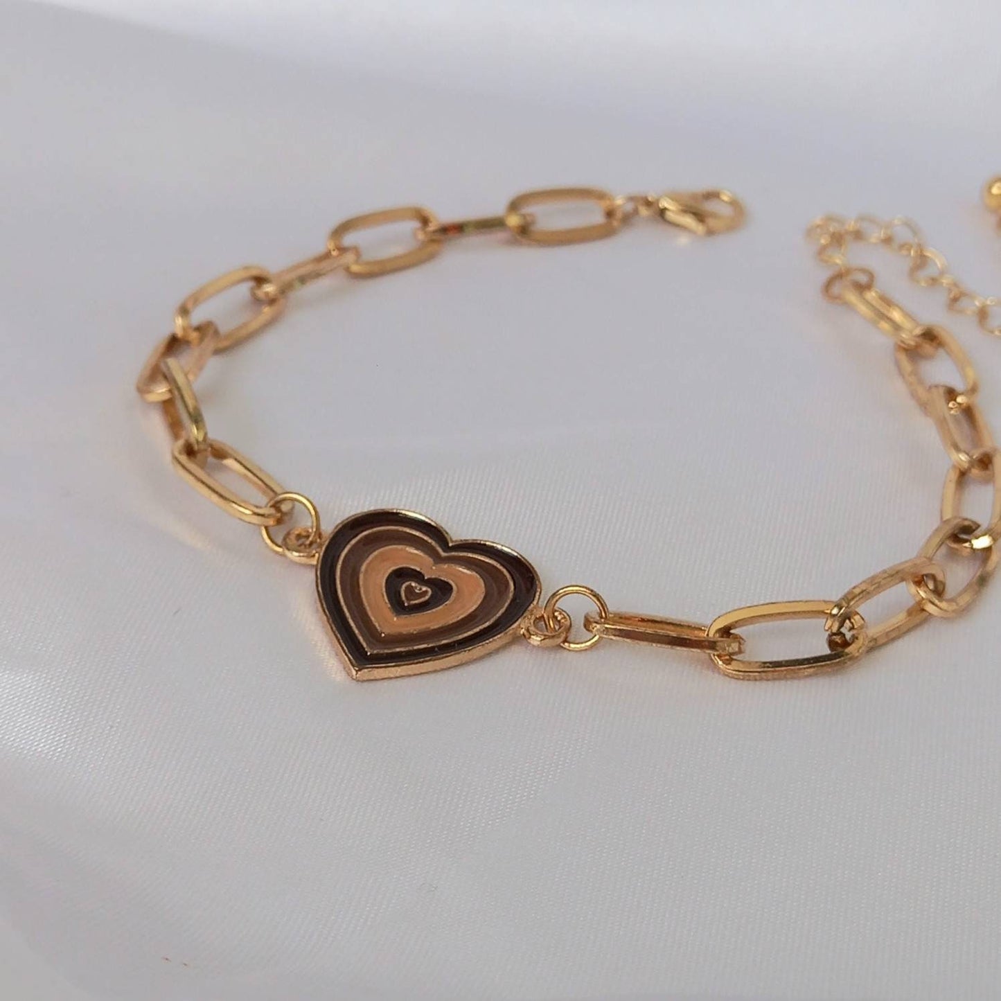 Gold & Brown Heart Bracelet - Gold Jewellery In The UK,Gold Bracelets In The UK,Brown Heart Bracelet,Heart Jewellery,Gold Chain Bracelets