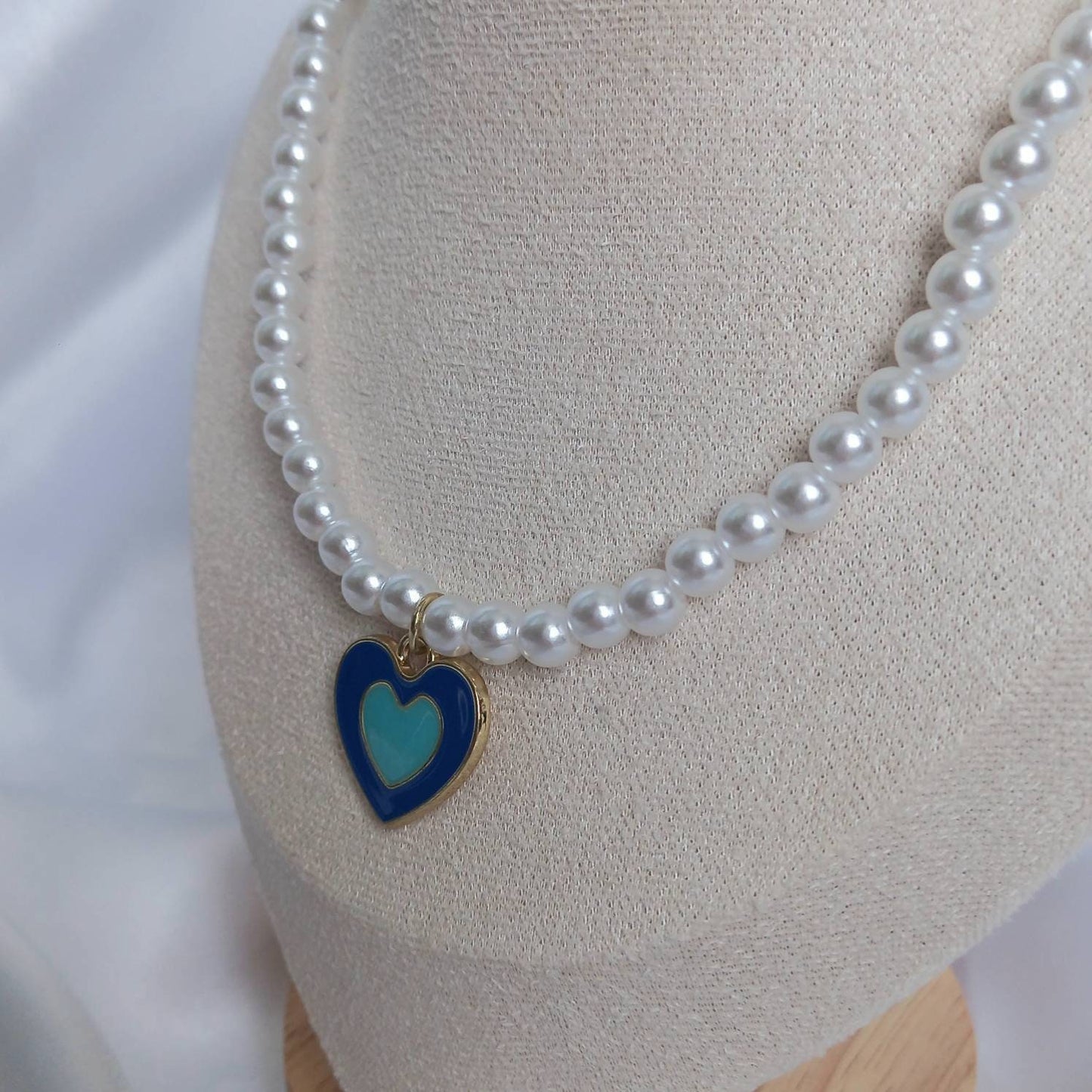 Blue & Gold Retro Heart Drop Charm Pearl Necklace - Pearl Necklace,Blue Heart Necklace,Blue Beaded Necklaces In The UK,Blue Beaded Jewellery
